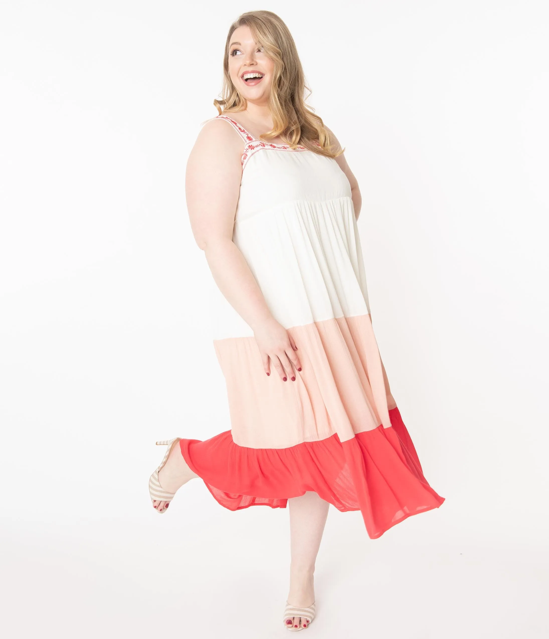 Plus Size Off White & Coral Tiered Coloblock Maxi Dress