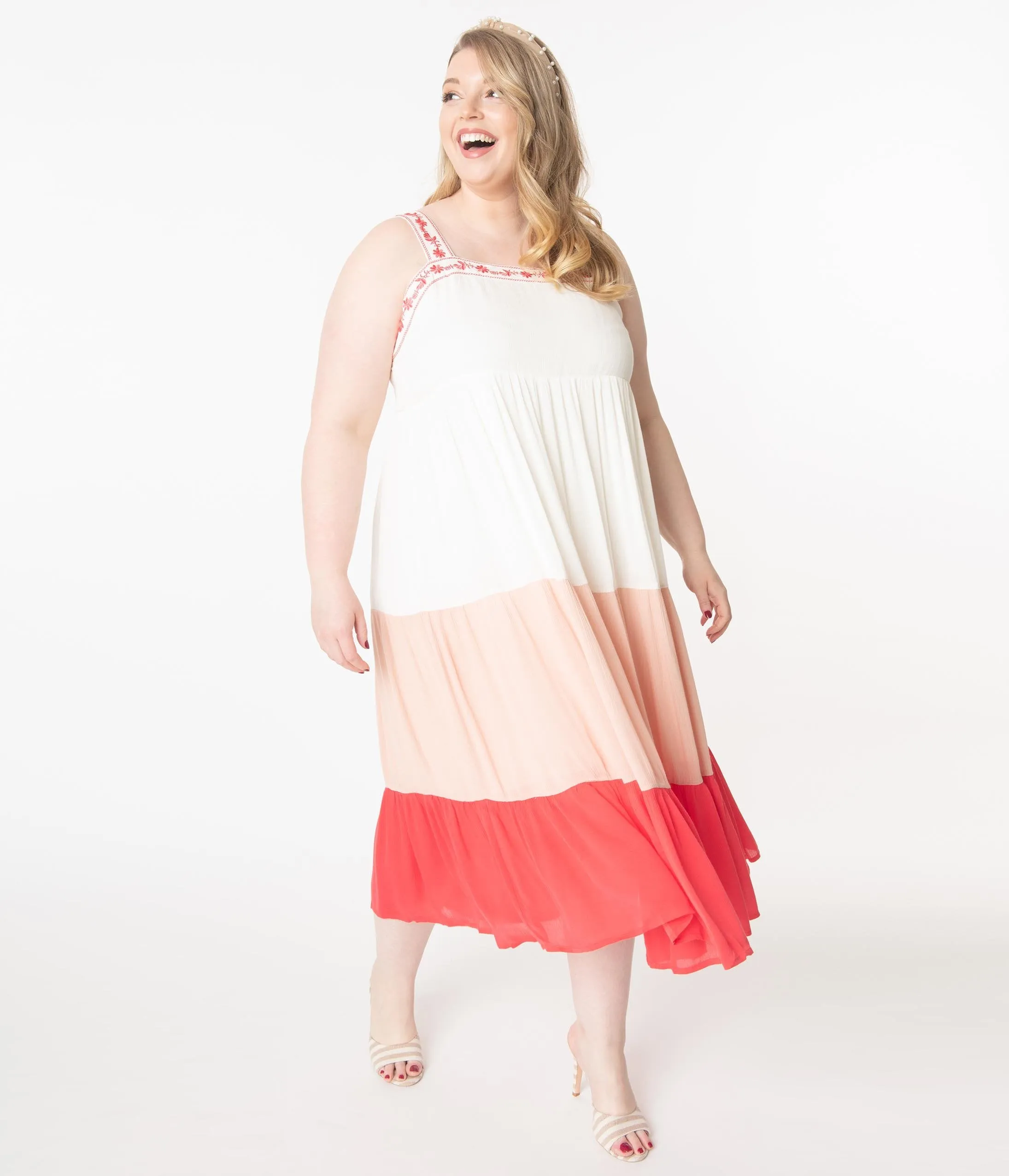 Plus Size Off White & Coral Tiered Coloblock Maxi Dress