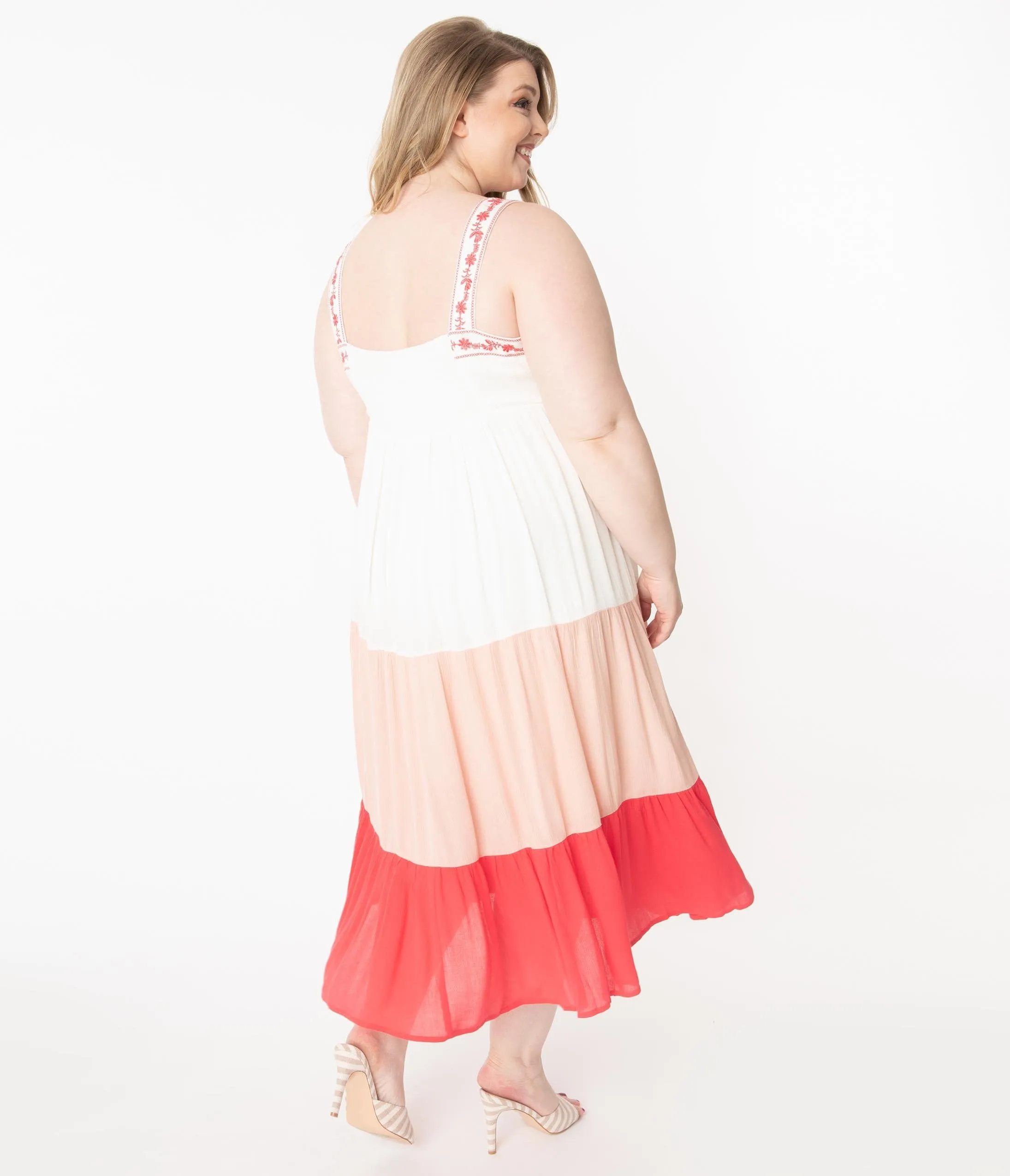 Plus Size Off White & Coral Tiered Coloblock Maxi Dress