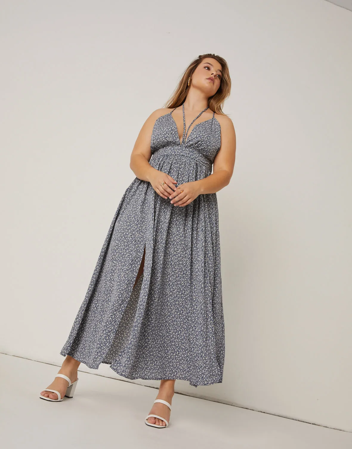 Plus Size Springtime Double Slit Maxi Dress