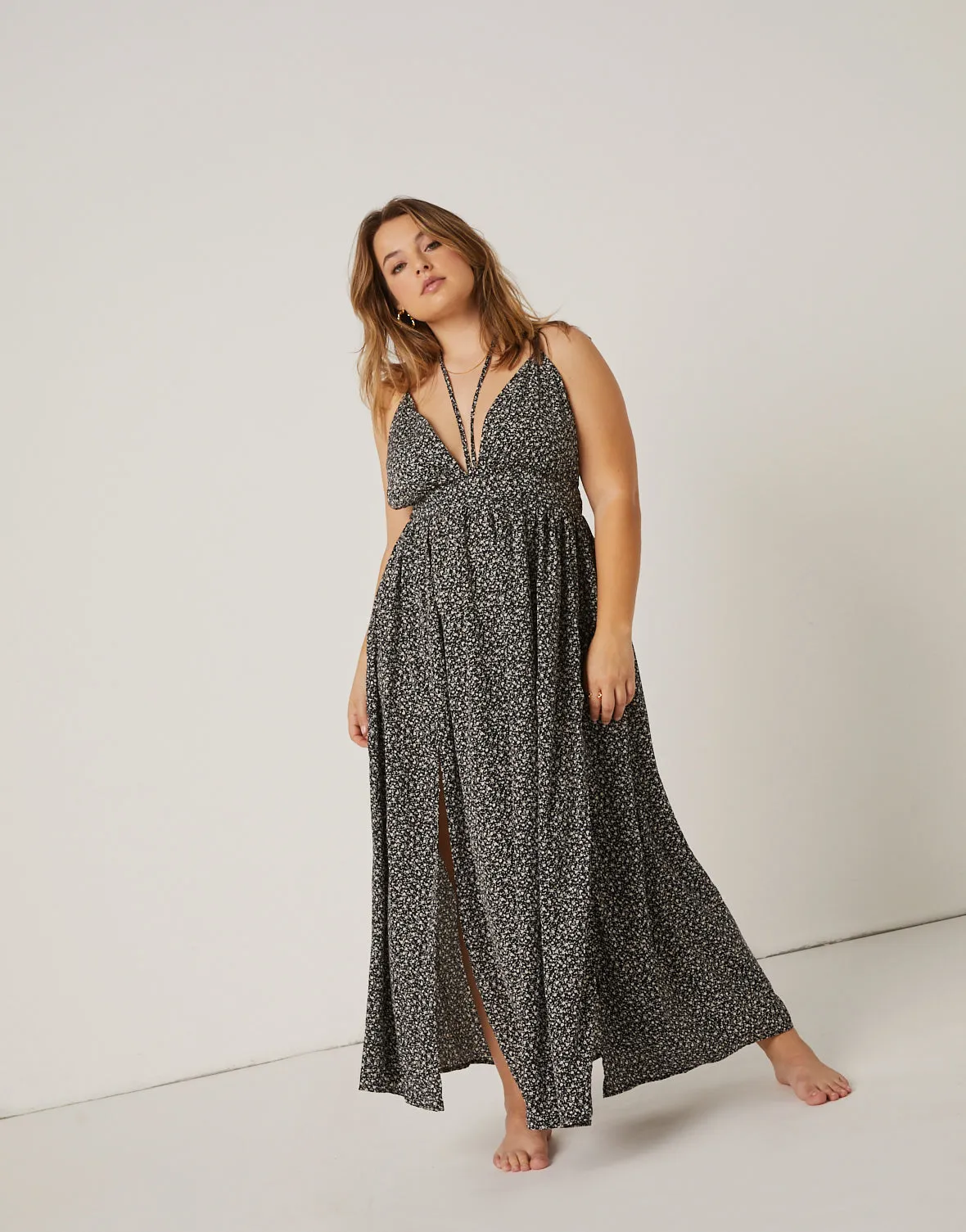 Plus Size Springtime Double Slit Maxi Dress