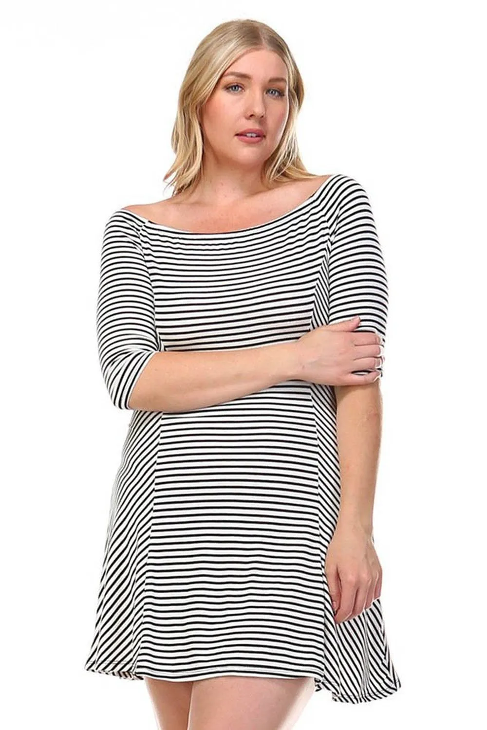 Plus Size Striped Off the Shoulder Short Knit Dress