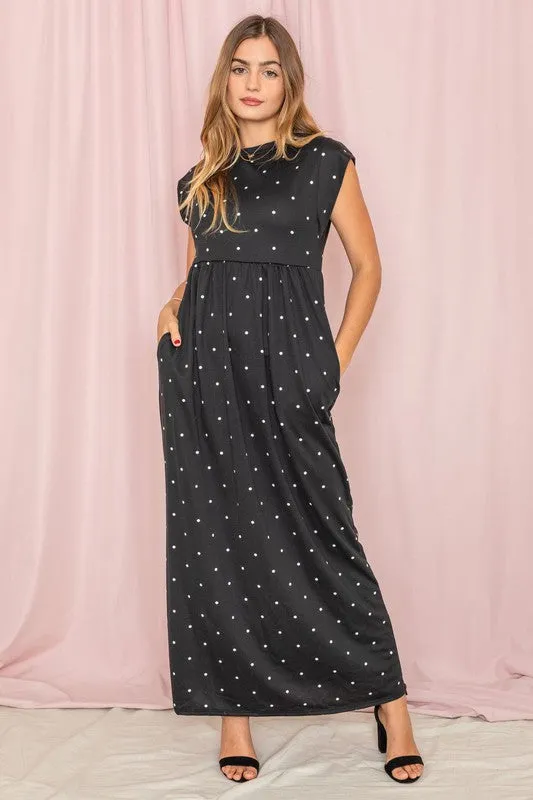 Polka Dot Folded Cap Sleeve Maxi Dress