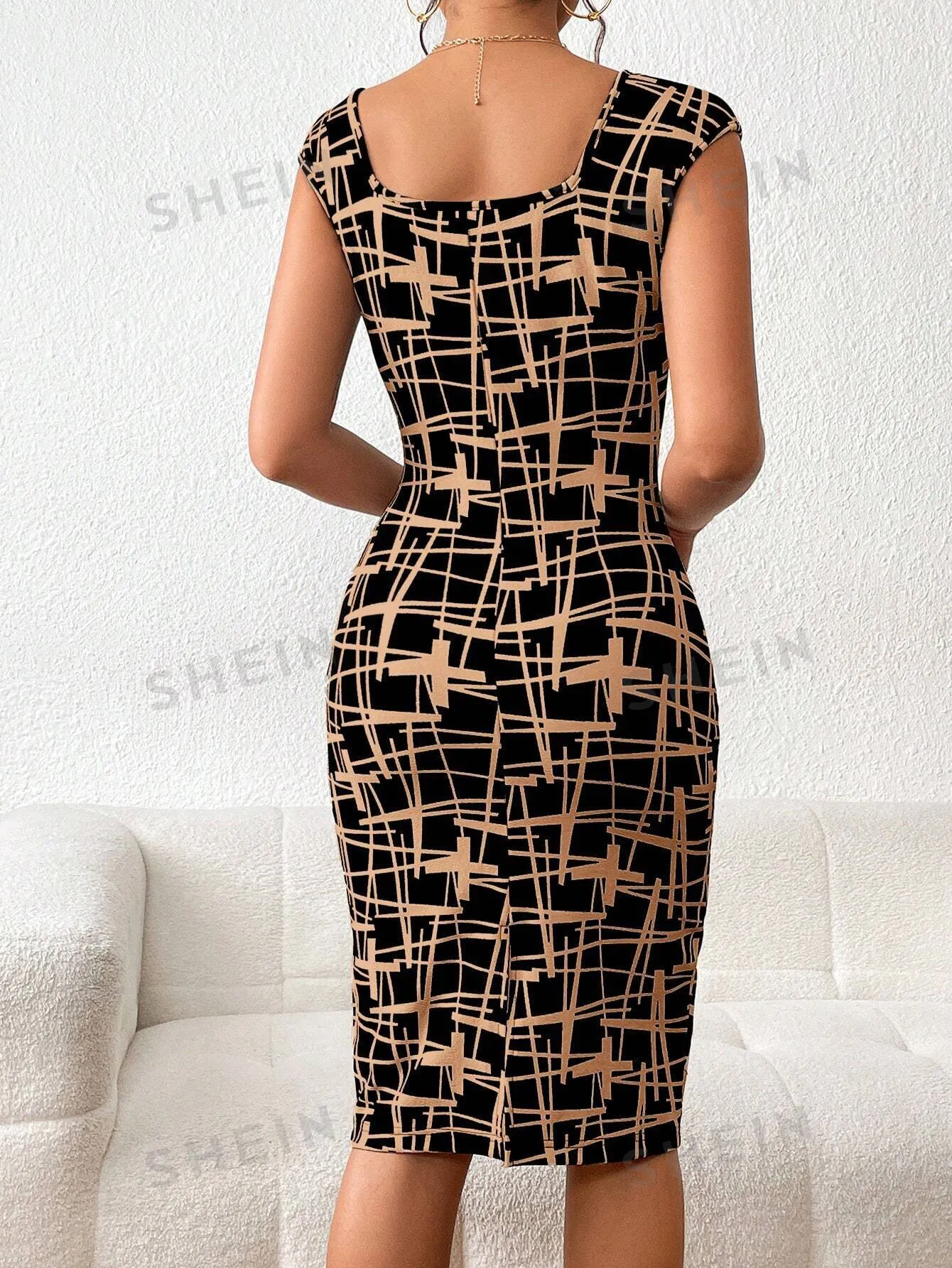 Privé Allover Print Square Neck Bodycon Dress