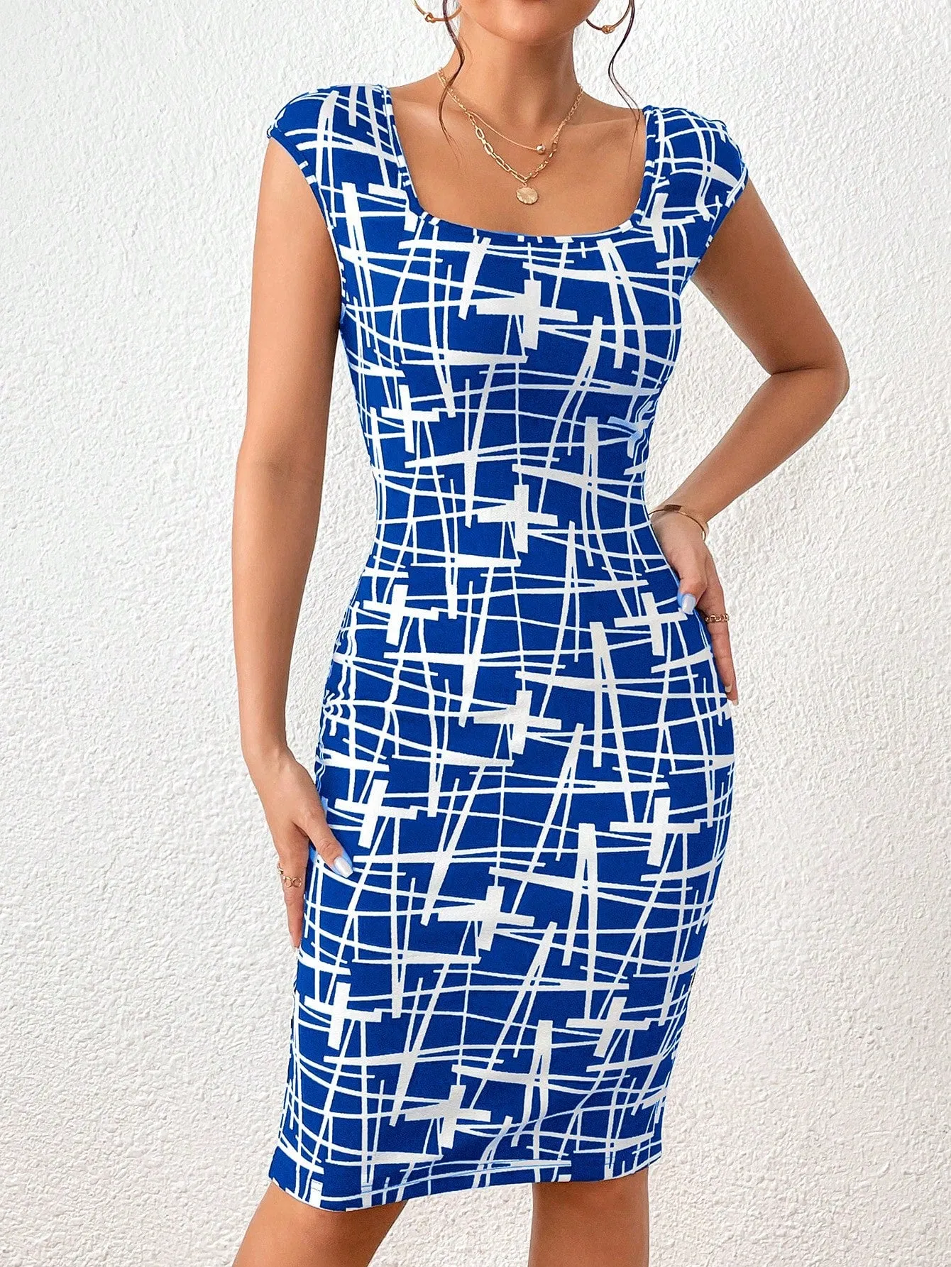 Privé Allover Print Square Neck Bodycon Dress