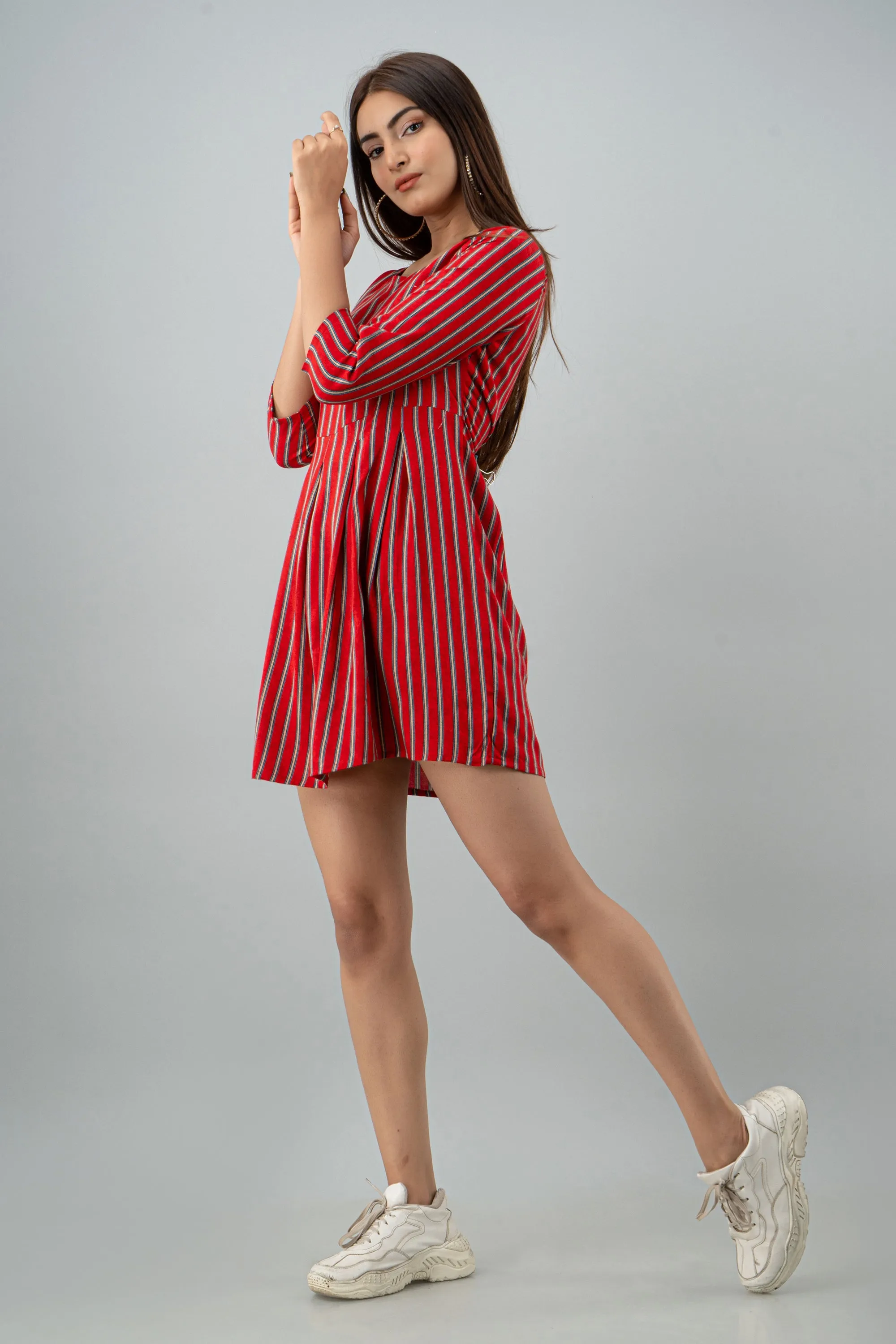 Red Color Rayon Flared Women Short Dress