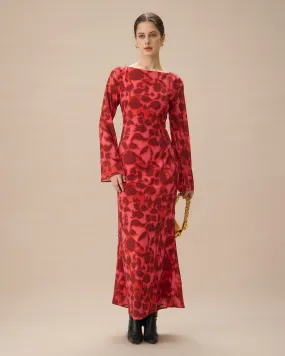 Red Floral Bell Sleeve Maxi Dress