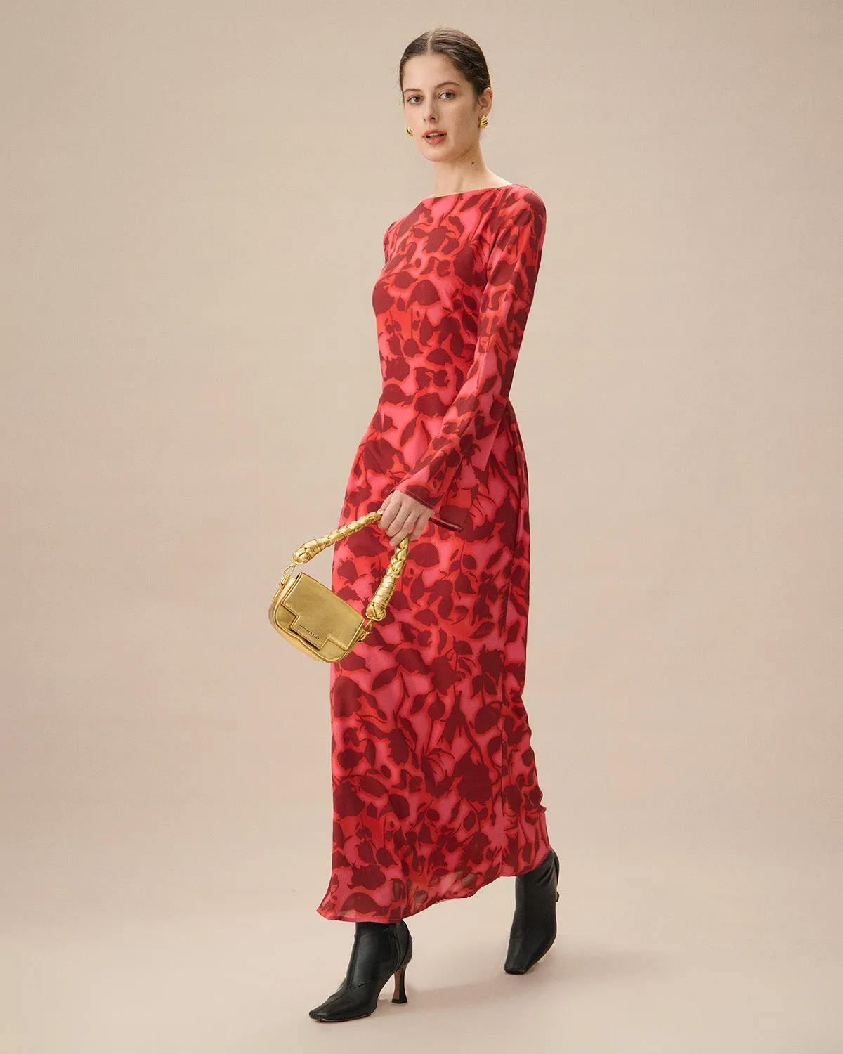 Red Floral Bell Sleeve Maxi Dress