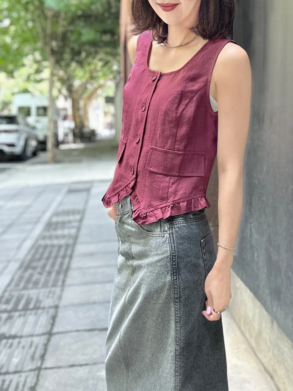 Rich Burgundy Linen Blend Ruffle Waistcoat Top