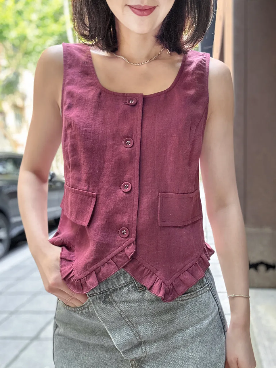 Rich Burgundy Linen Blend Ruffle Waistcoat Top