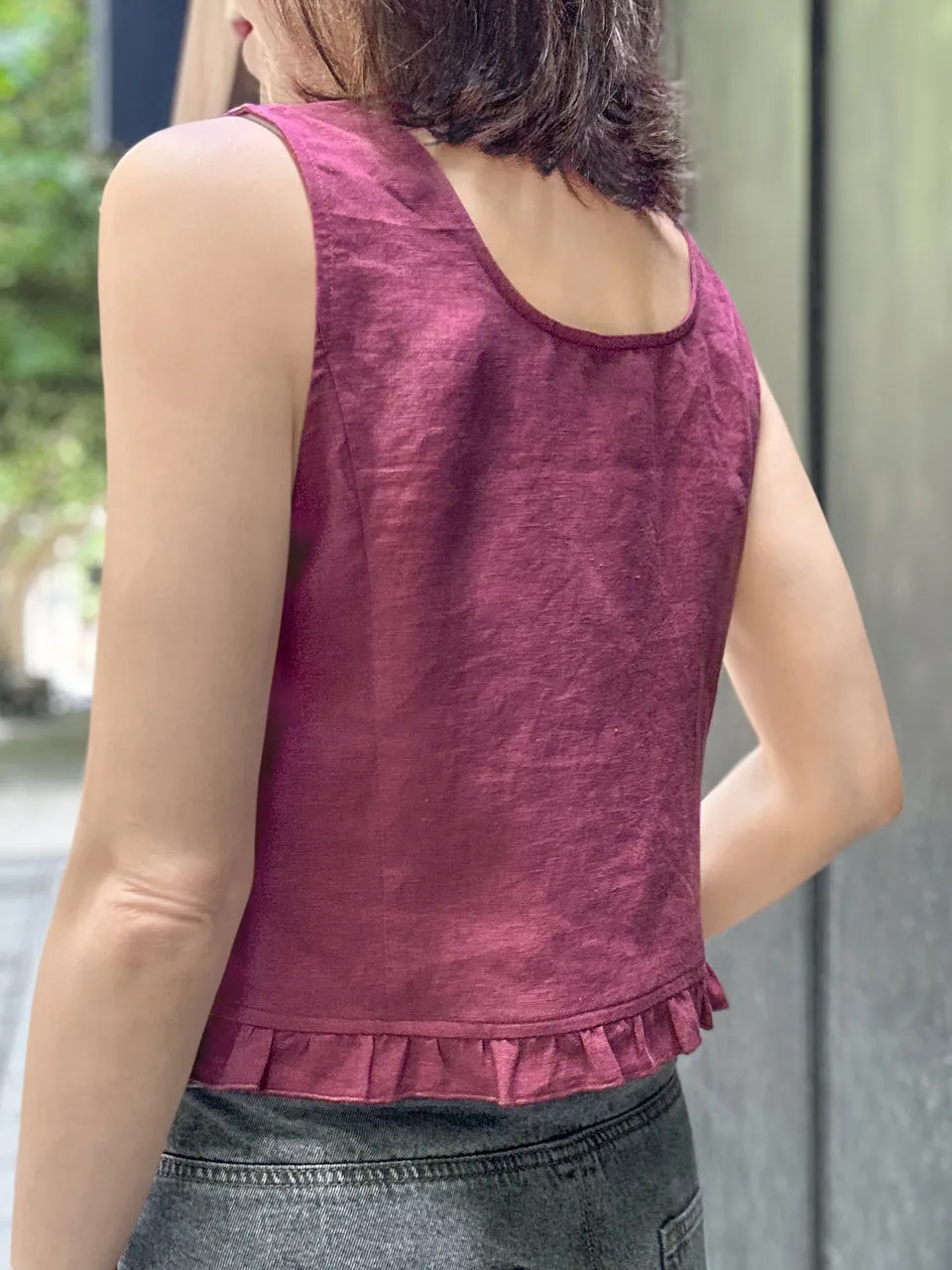 Rich Burgundy Linen Blend Ruffle Waistcoat Top