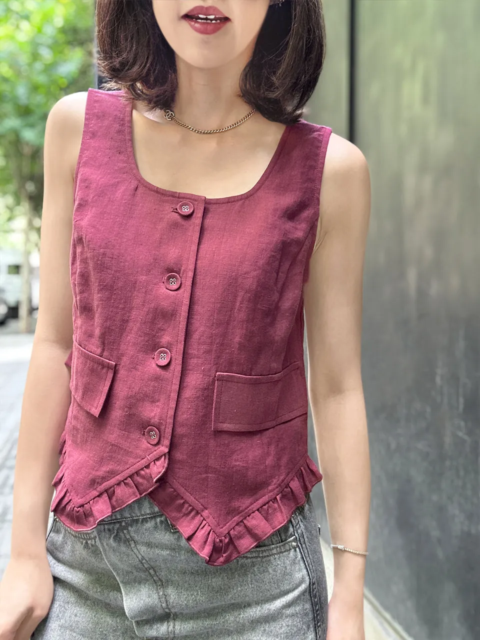 Rich Burgundy Linen Blend Ruffle Waistcoat Top