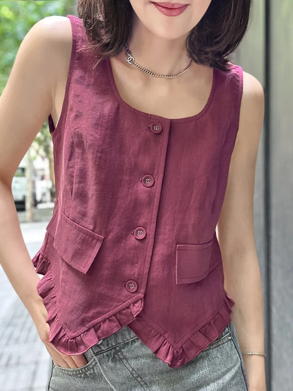 Rich Burgundy Linen Blend Ruffle Waistcoat Top