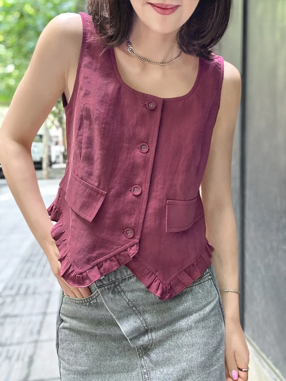 Rich Burgundy Linen Blend Ruffle Waistcoat Top