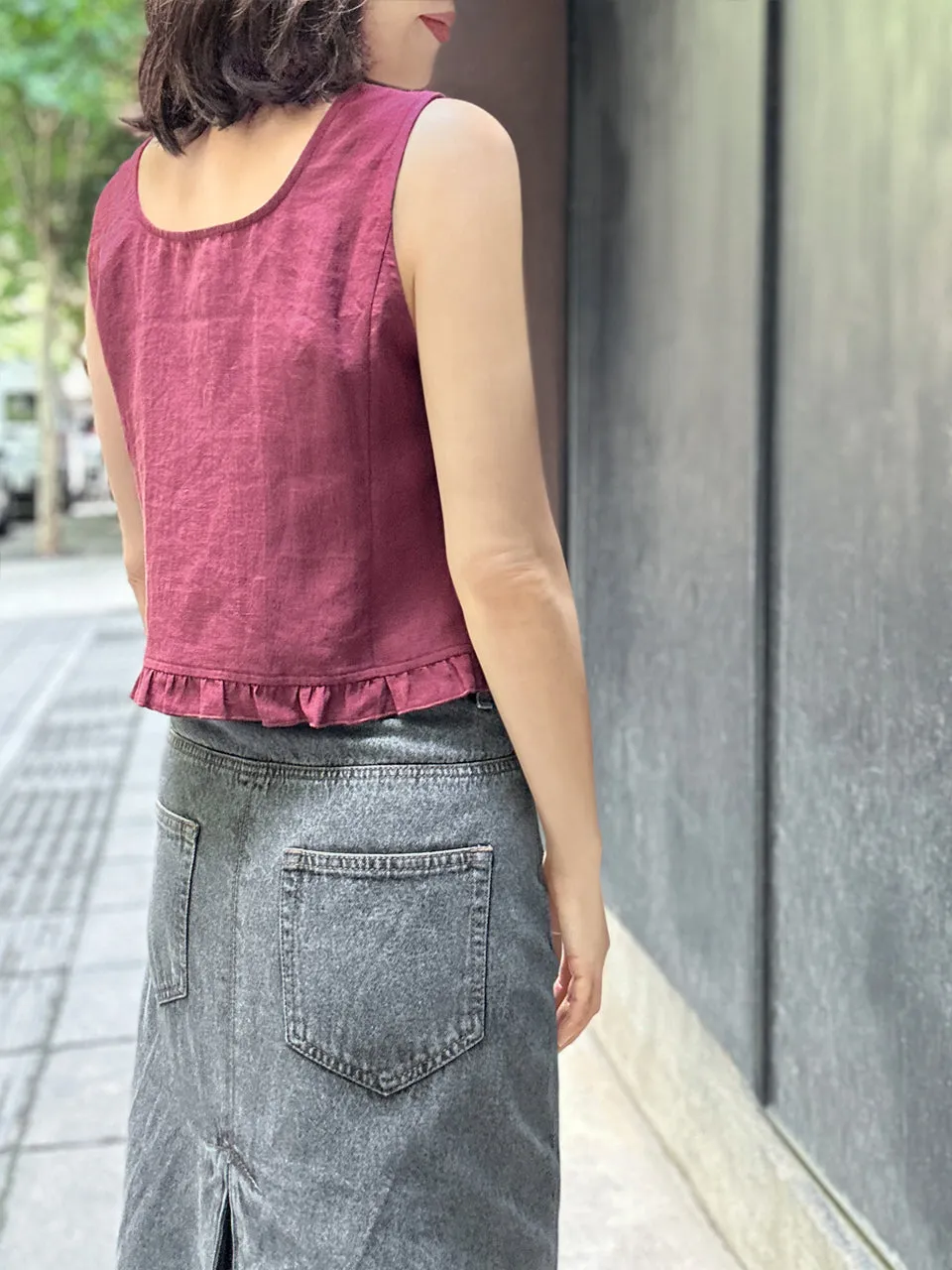 Rich Burgundy Linen Blend Ruffle Waistcoat Top