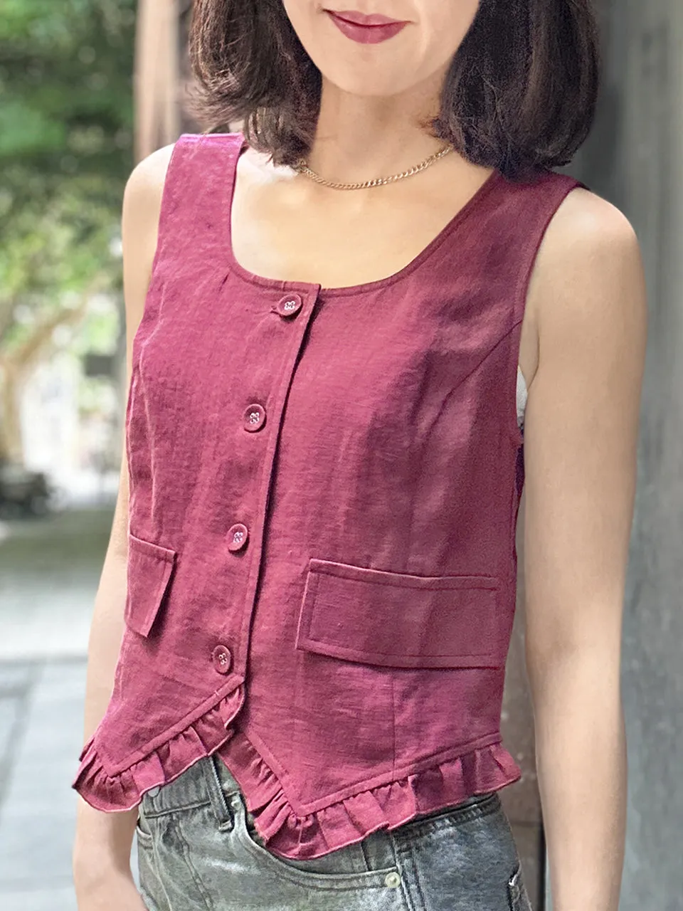 Rich Burgundy Linen Blend Ruffle Waistcoat Top