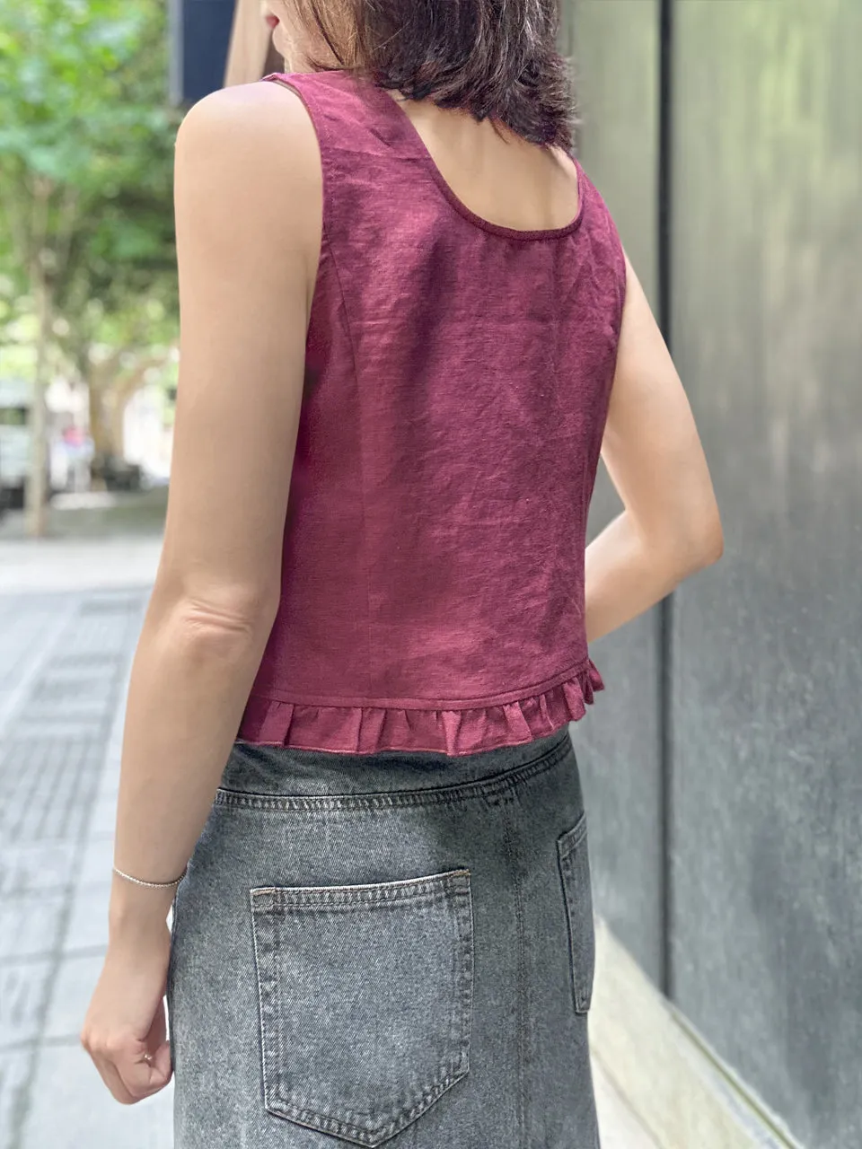 Rich Burgundy Linen Blend Ruffle Waistcoat Top