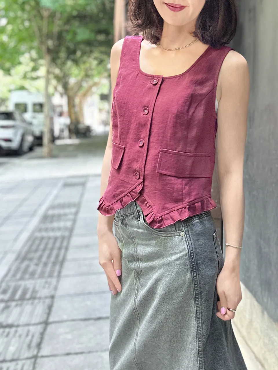 Rich Burgundy Linen Blend Ruffle Waistcoat Top