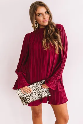 Rooftop Skyline Pleated Shift Dress In Wine