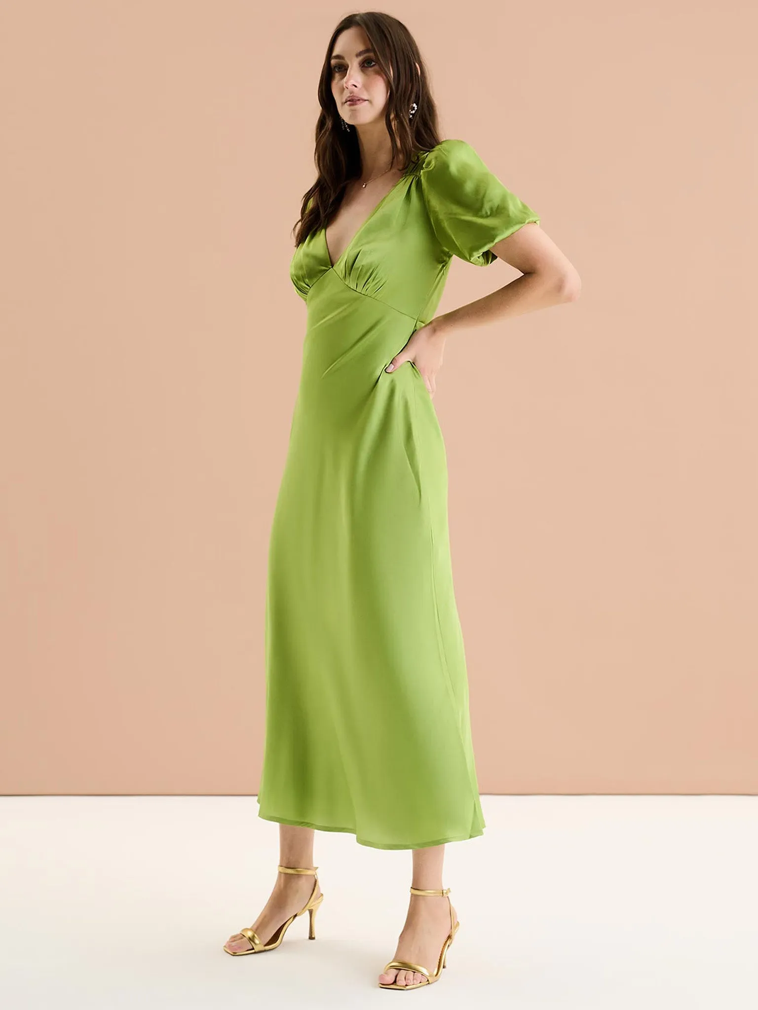 Rosie Ruched Puff Sleeve Dress in Sage