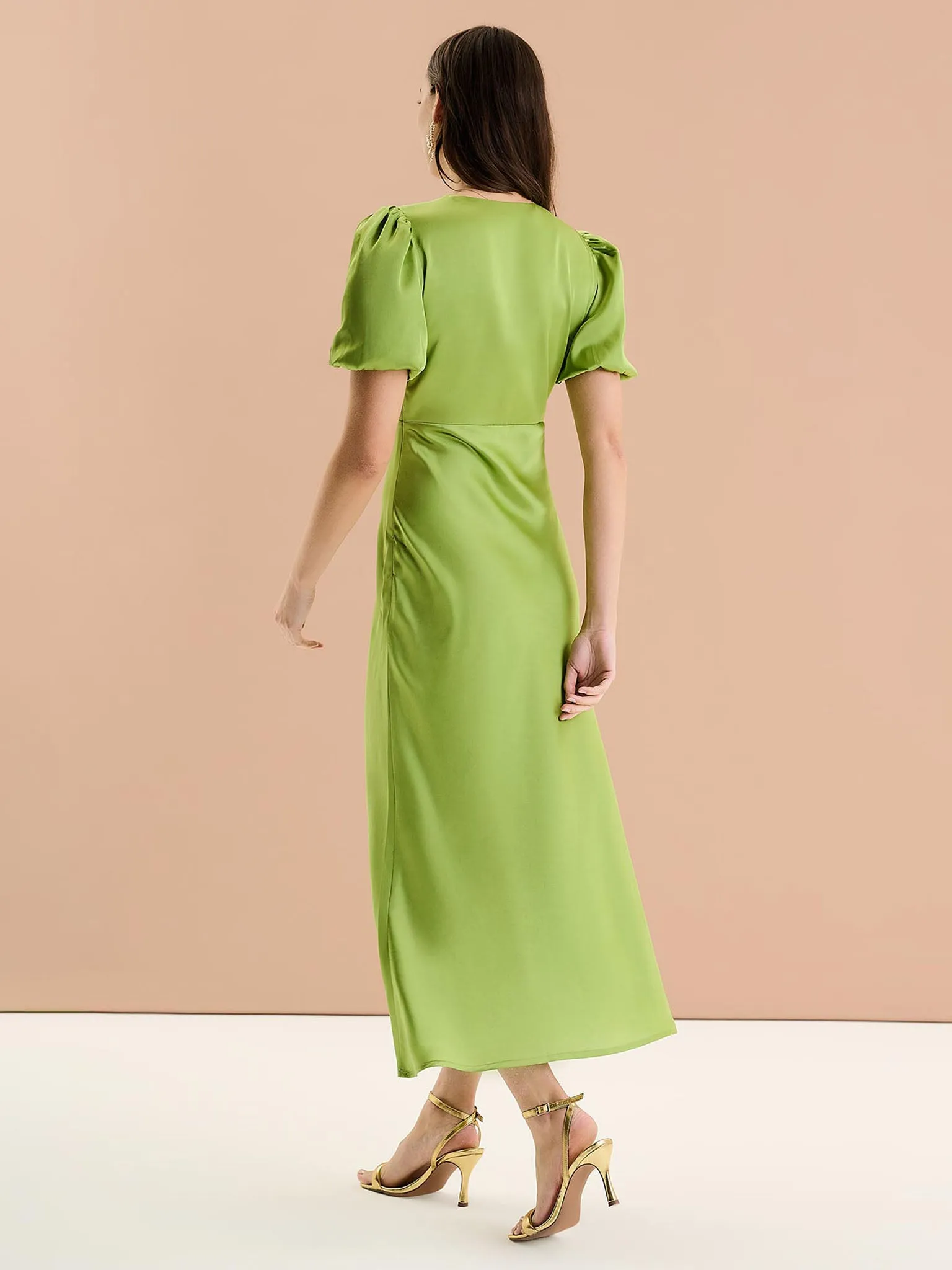 Rosie Ruched Puff Sleeve Dress in Sage