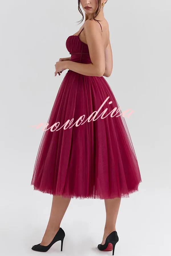 Royal Treatment Tulle Bows Detail Ruched Slip Midi Dress