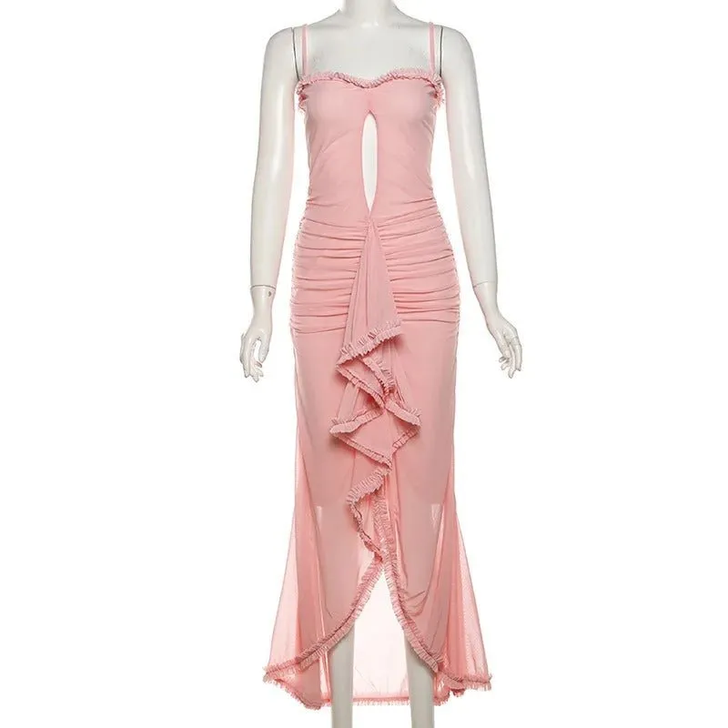 Ruffle Cut Out Maxi Dress - Women Spaghetti Strap Sweetheart Neck Cut Out