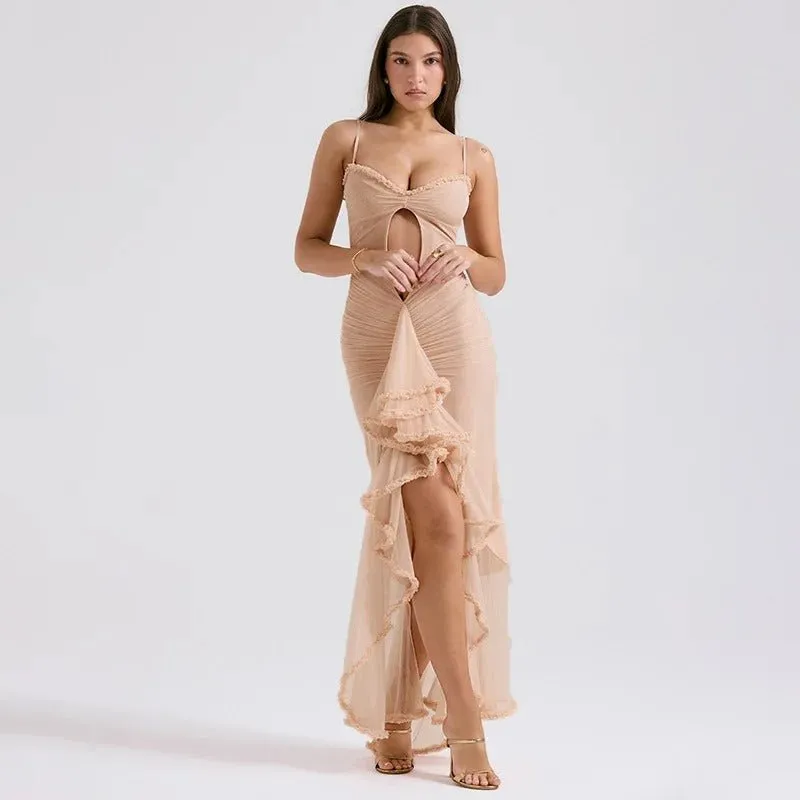 Ruffle Cut Out Maxi Dress - Women Spaghetti Strap Sweetheart Neck Cut Out