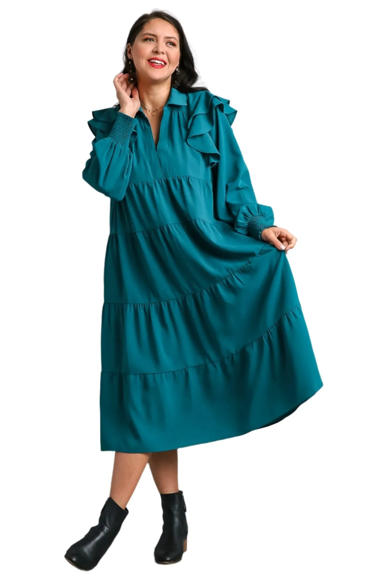 Ruffle Long Sleeve Tiered Maxi Dress, Teal