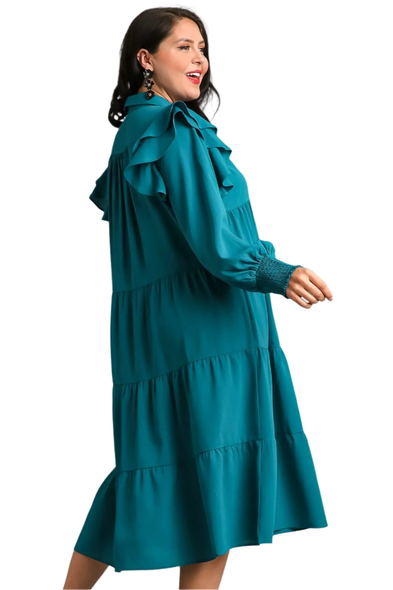 Ruffle Long Sleeve Tiered Maxi Dress, Teal