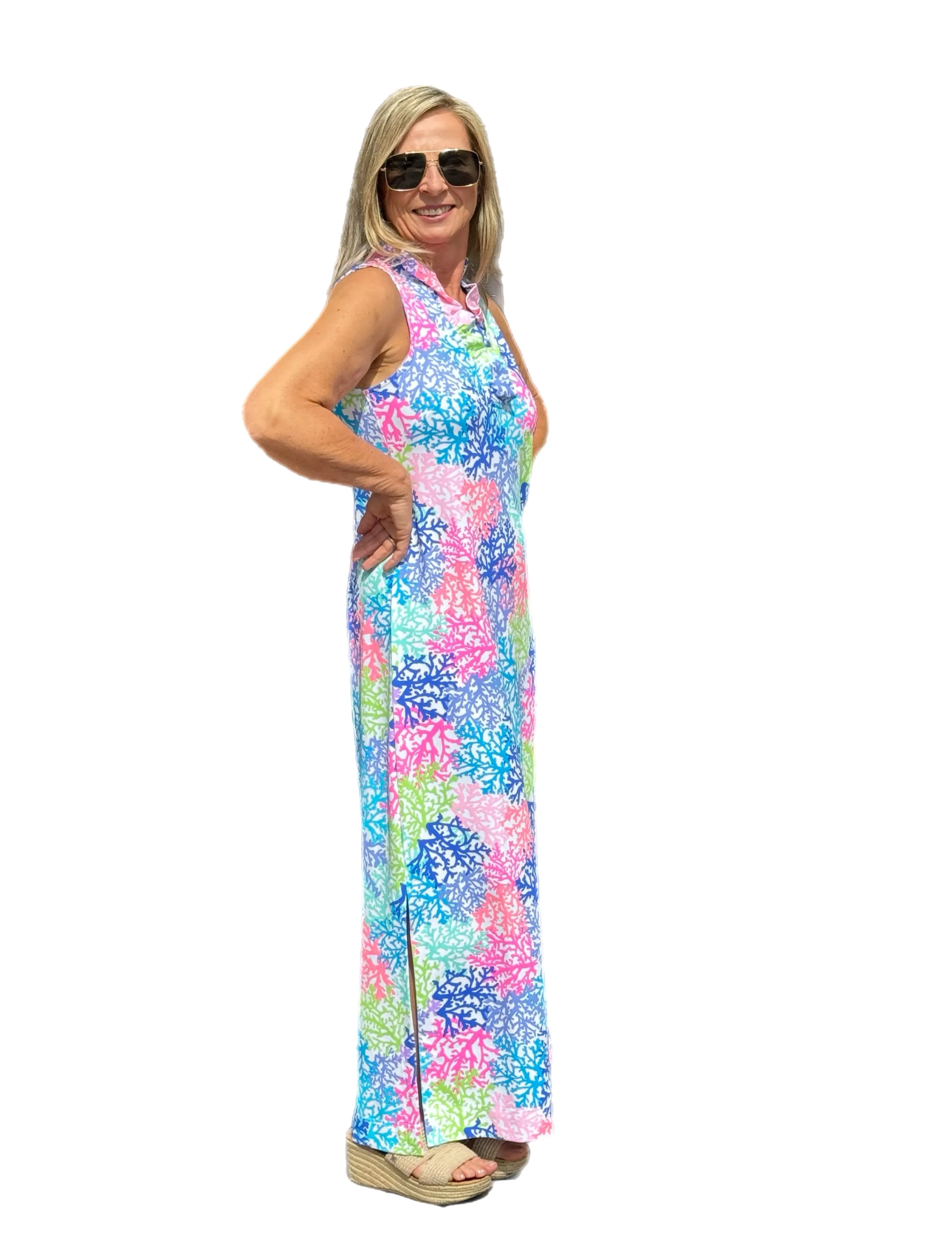 Ruffle-Neck Maxi Dress with UPF50  Bright Corals