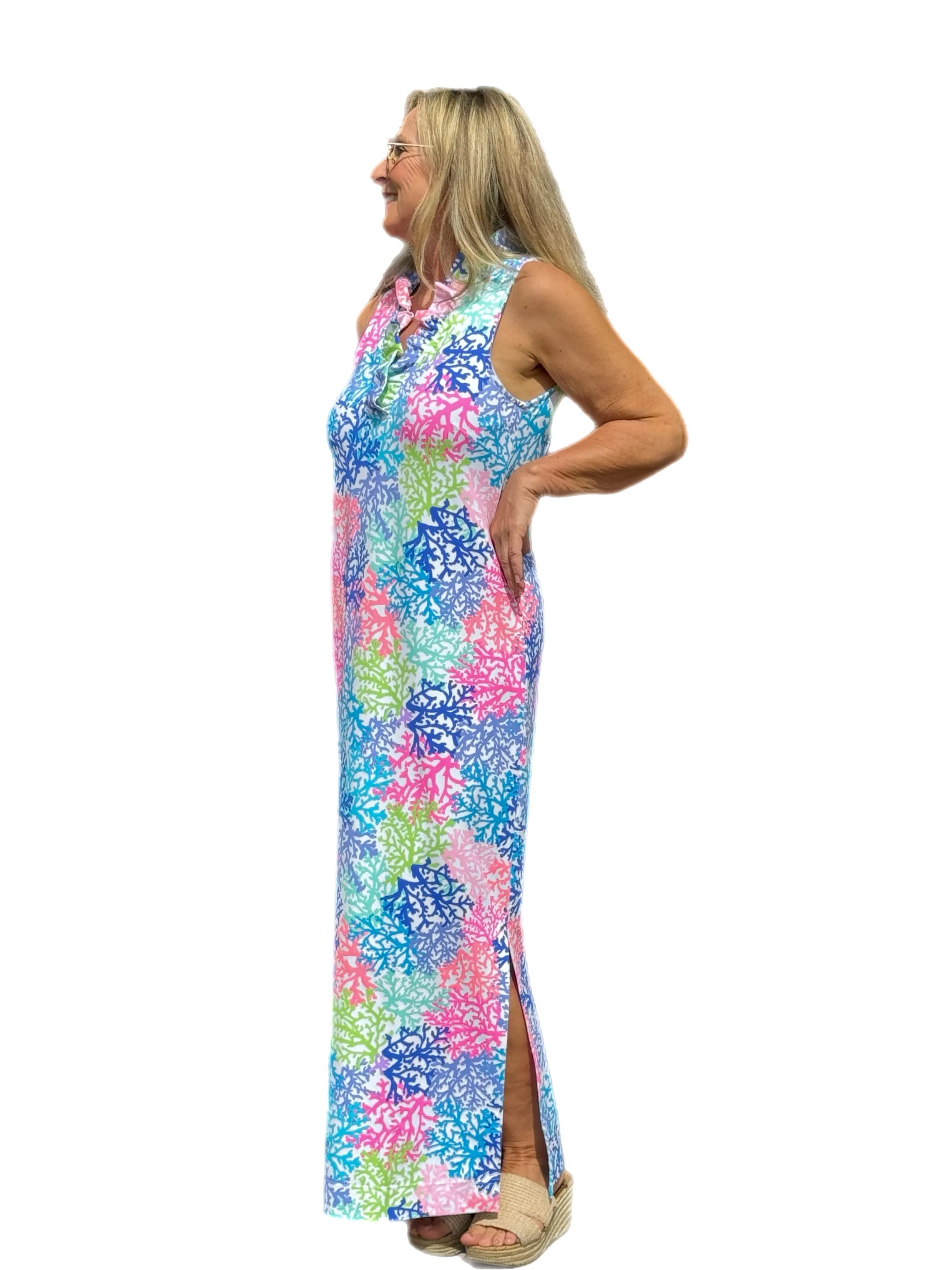 Ruffle-Neck Maxi Dress with UPF50  Bright Corals