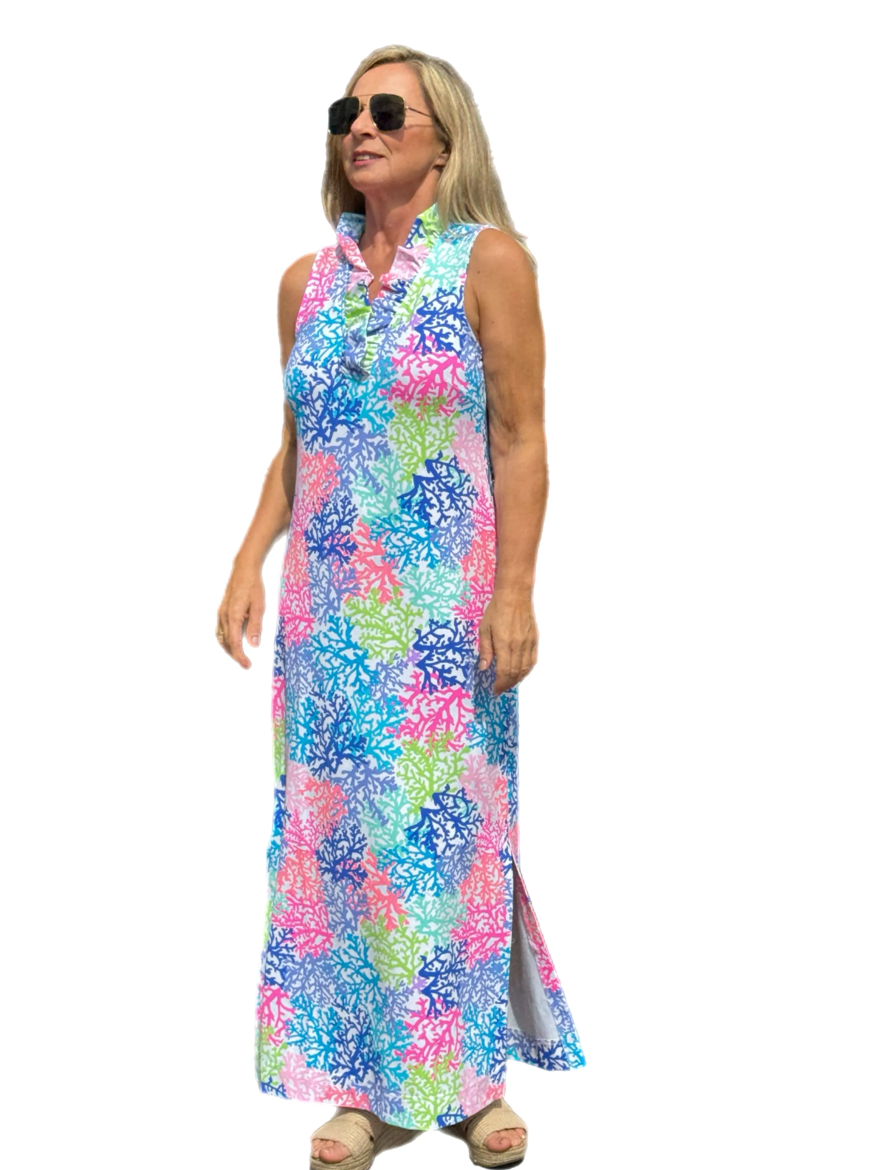 Ruffle-Neck Maxi Dress with UPF50  Bright Corals