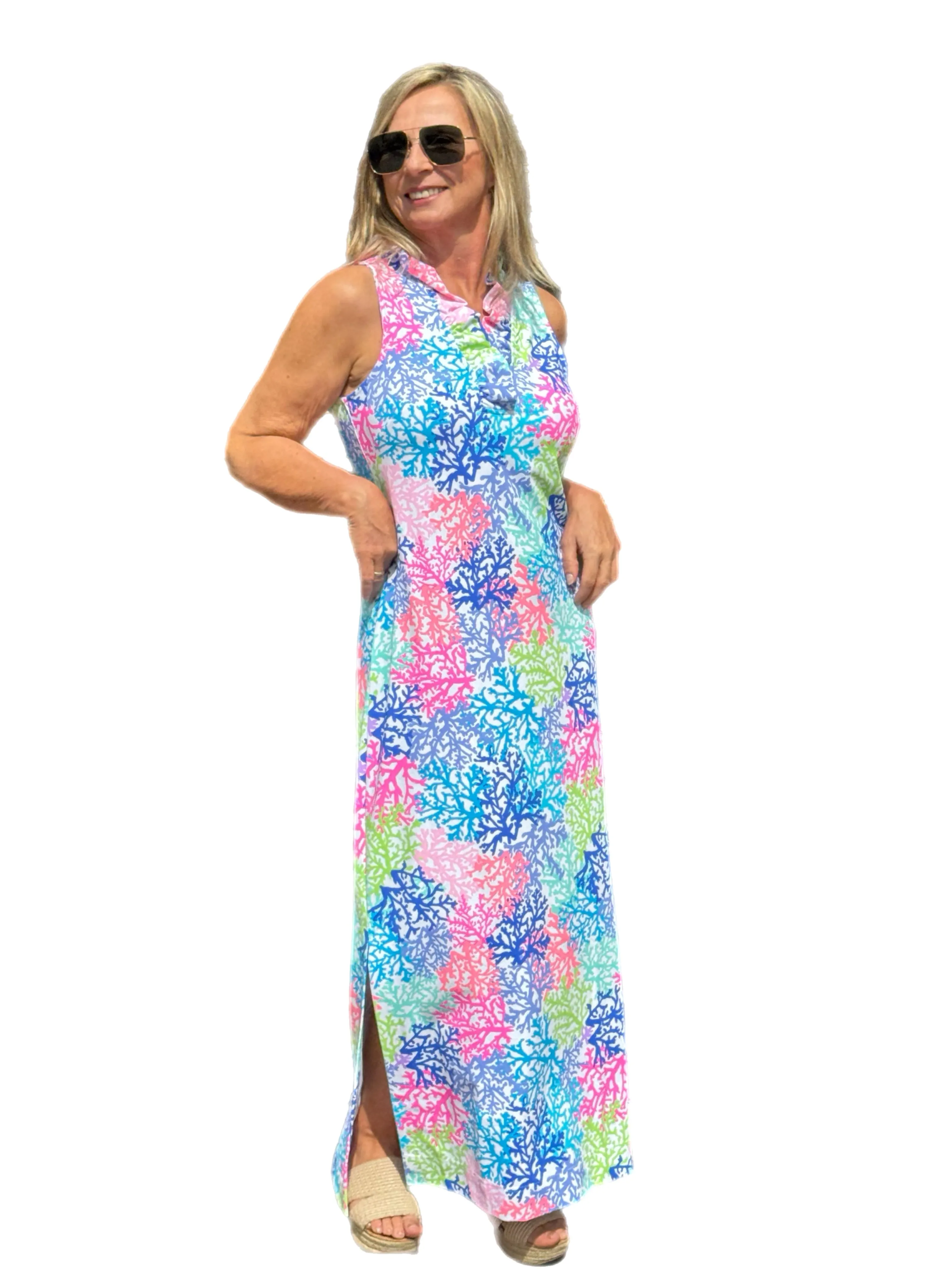 Ruffle-Neck Maxi Dress with UPF50  Bright Corals