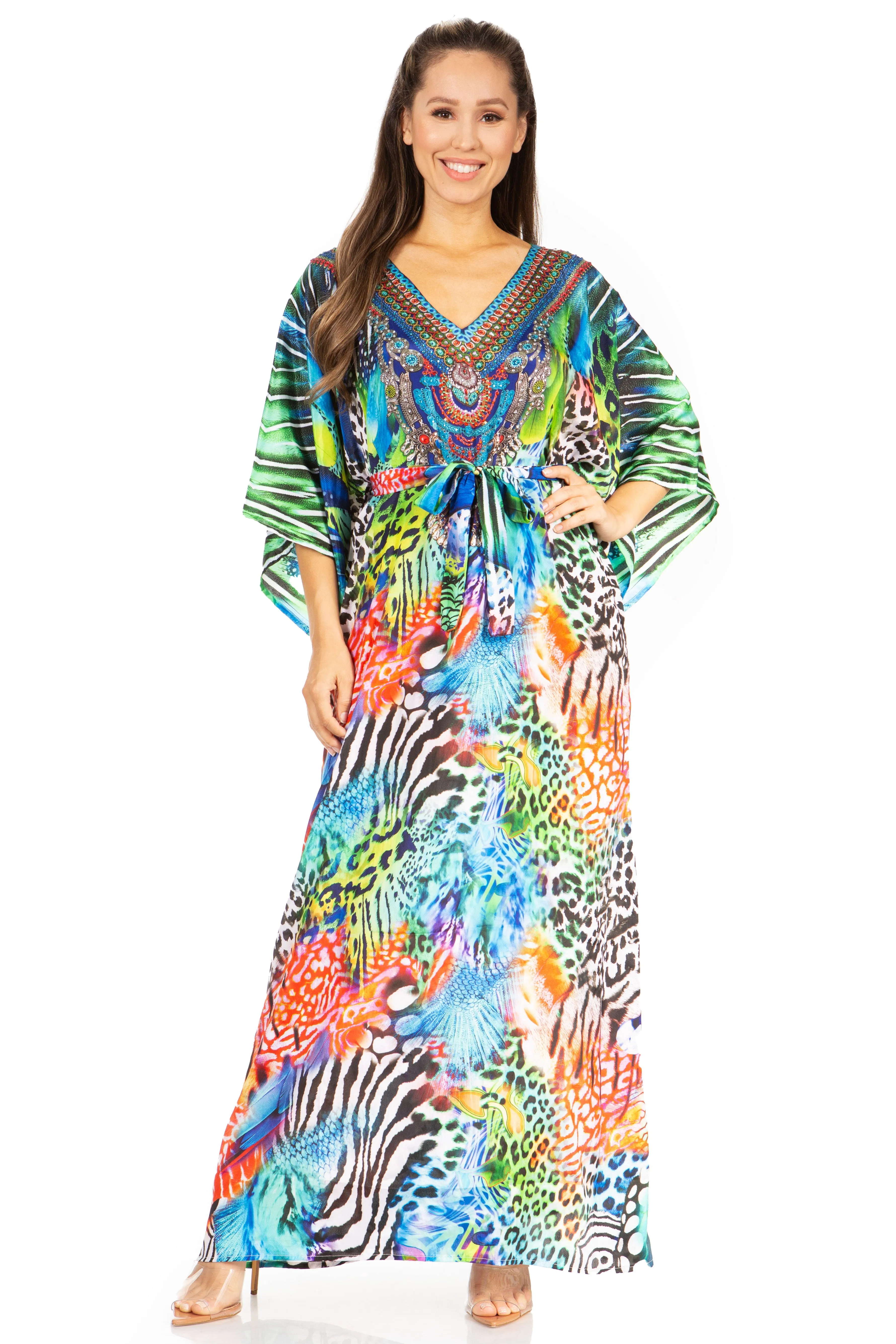 Sakkas Maribel Maxi Caftan Dress - Women's V-Neck, Short Sleeves