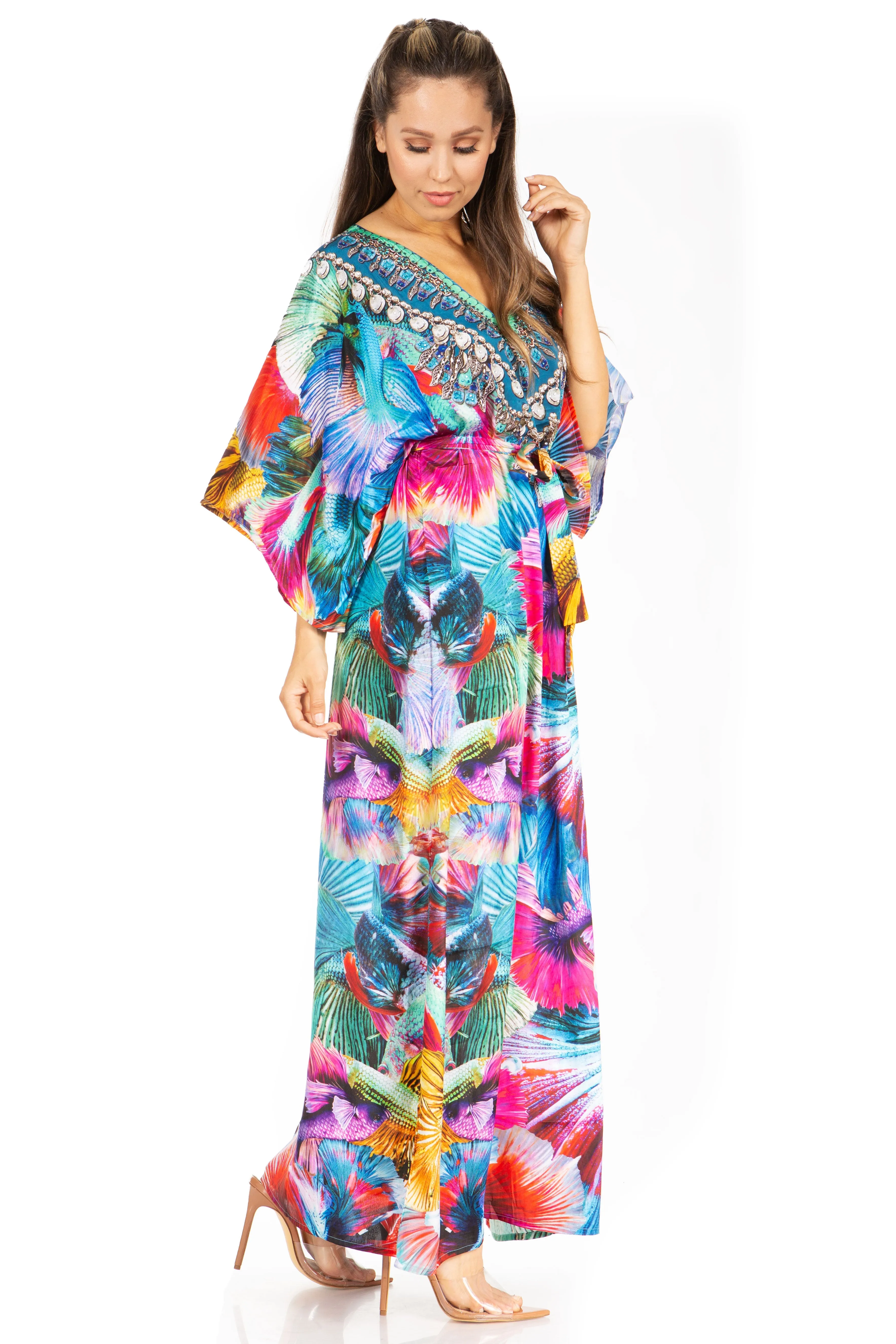 Sakkas Maribel Maxi Caftan Dress - Women's V-Neck, Short Sleeves