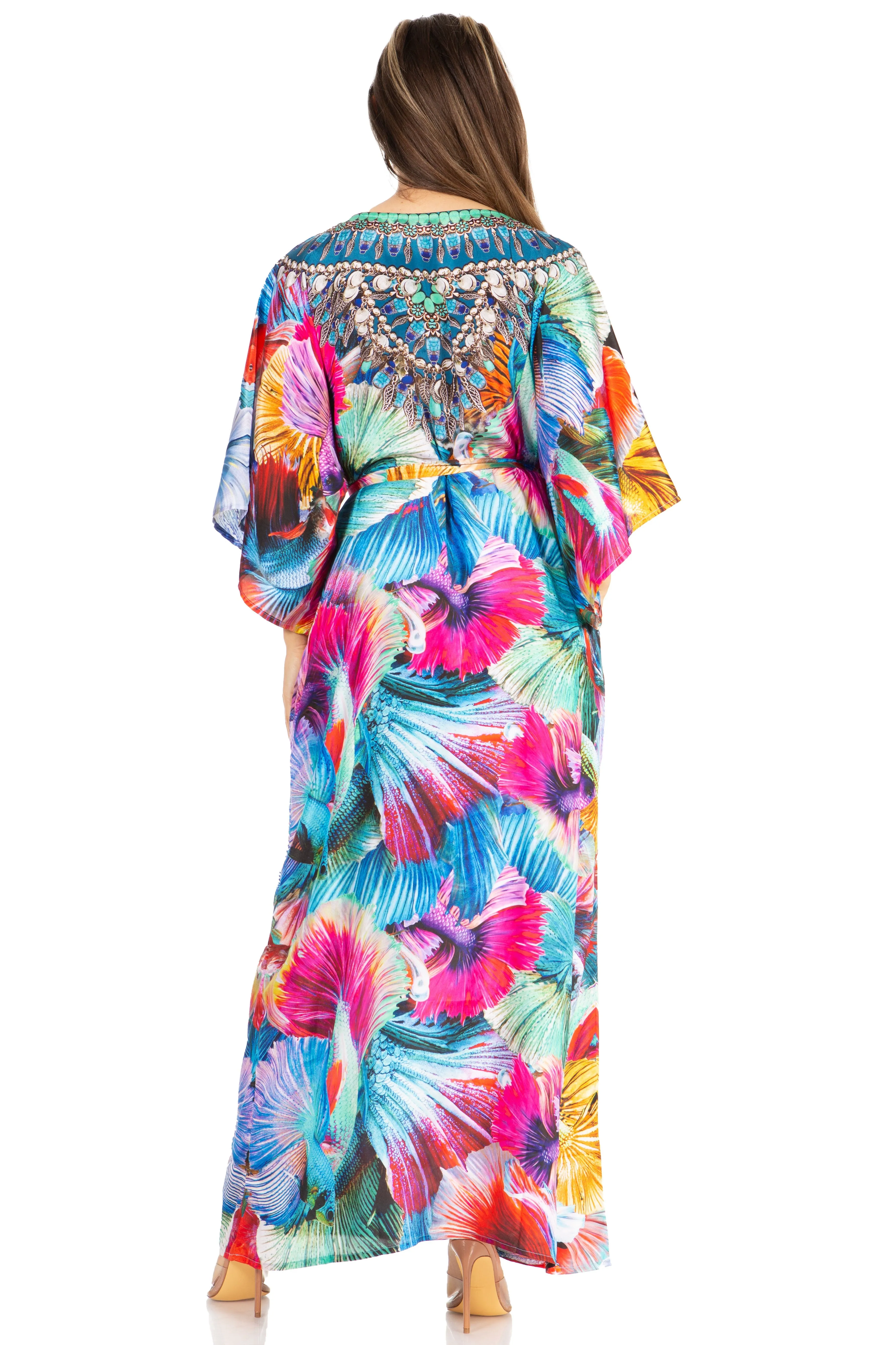 Sakkas Maribel Maxi Caftan Dress - Women's V-Neck, Short Sleeves