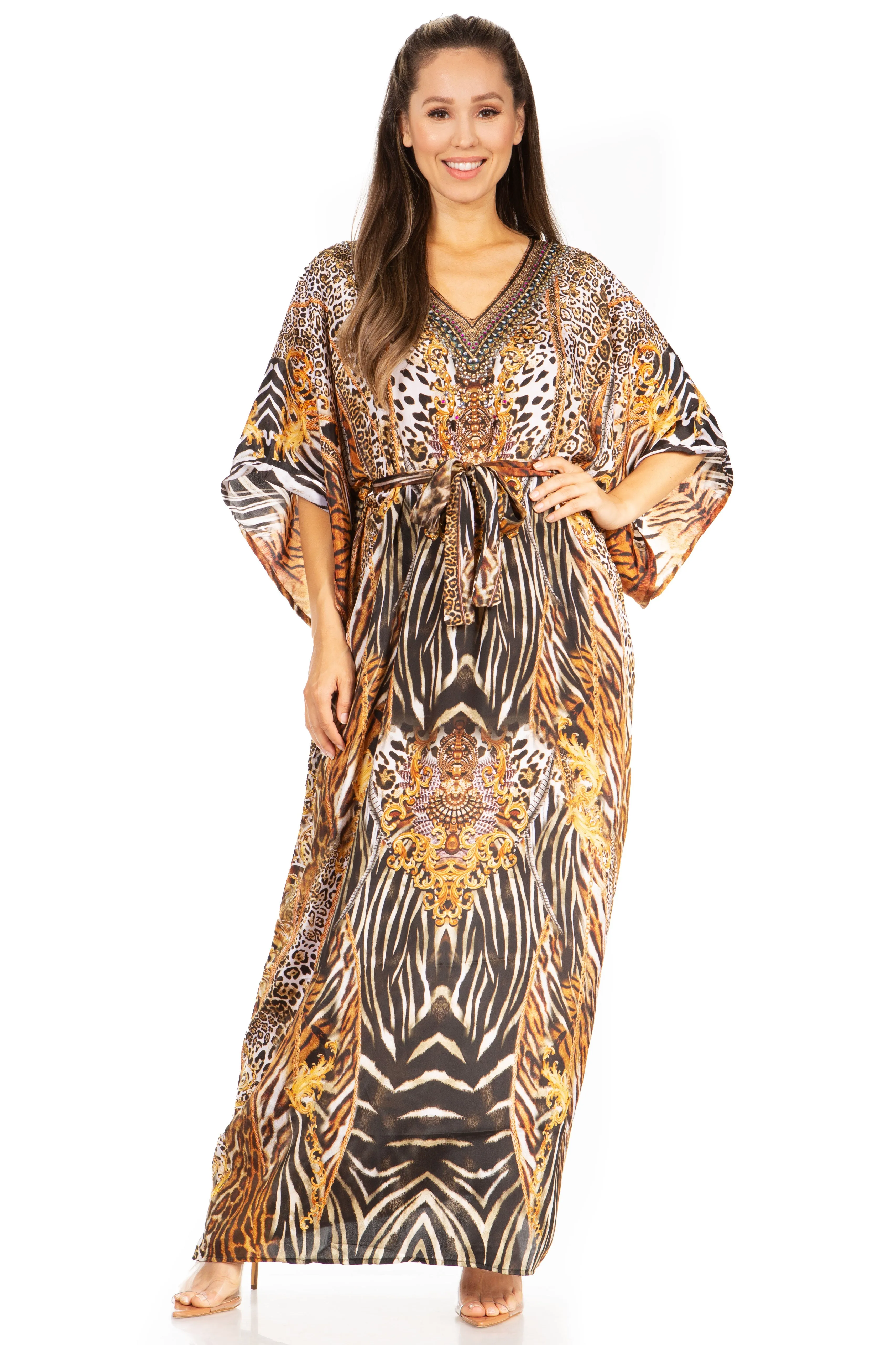 Sakkas Maribel Maxi Caftan Dress - Women's V-Neck, Short Sleeves