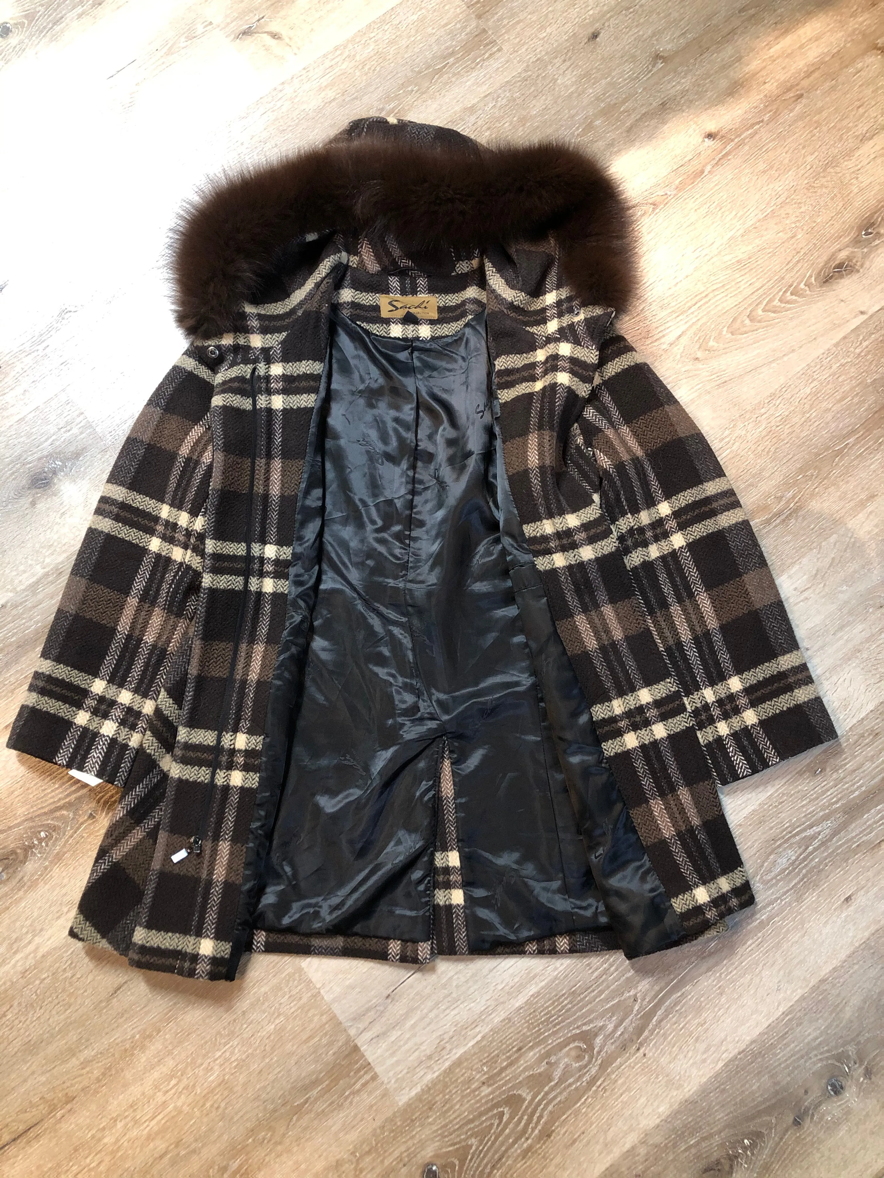 Sashi Brown Plaid Duffle Coat with Fox Fur Trim SOLD