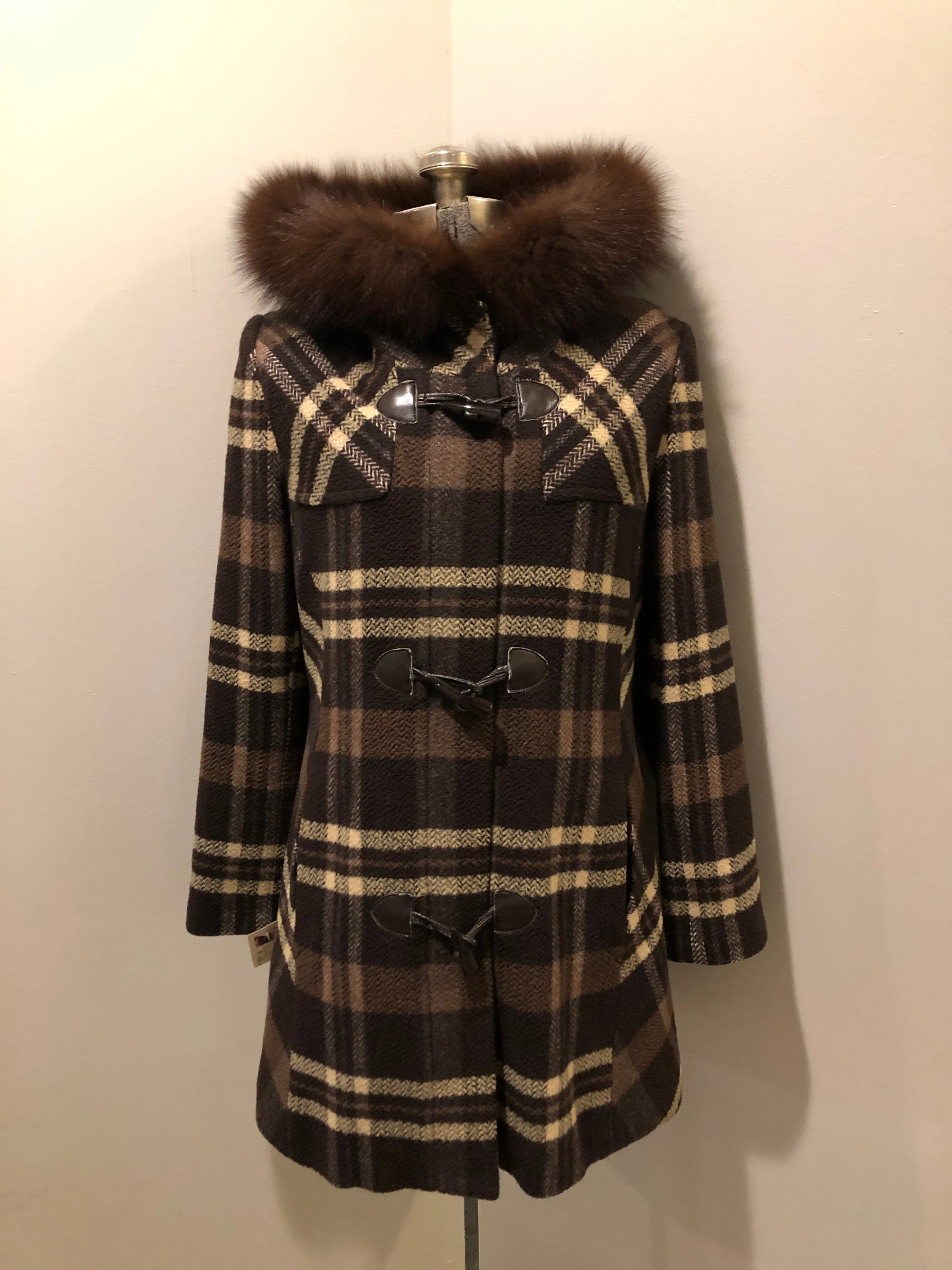 Sashi Brown Plaid Duffle Coat with Fox Fur Trim SOLD