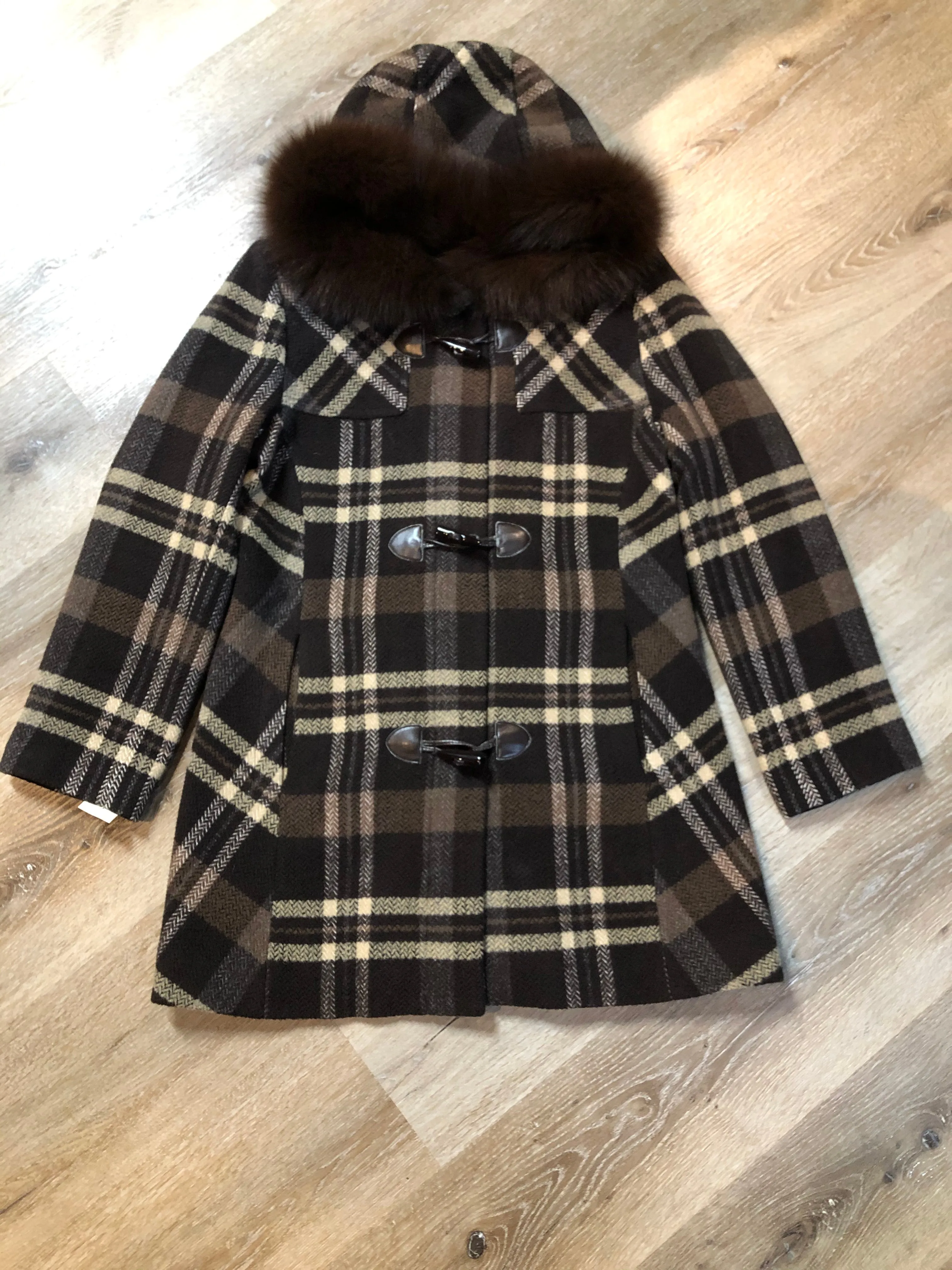 Sashi Brown Plaid Duffle Coat with Fox Fur Trim SOLD