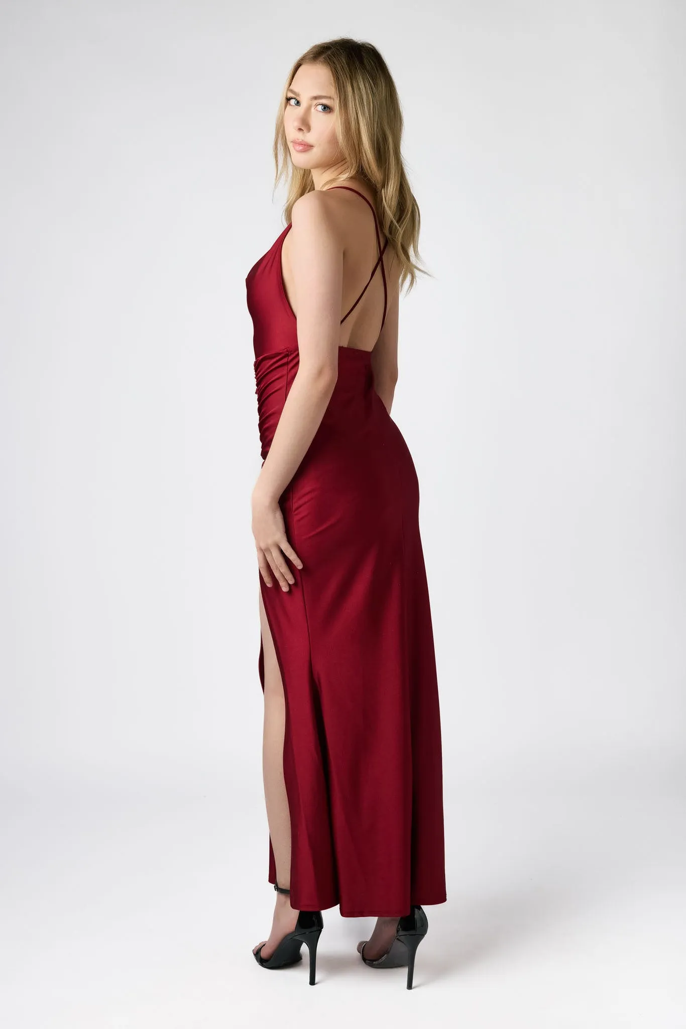 Satin Drape Neck Maxi Dress with Side Slit