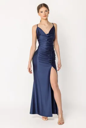 Satin Drape Neck Maxi Dress with Side Slit