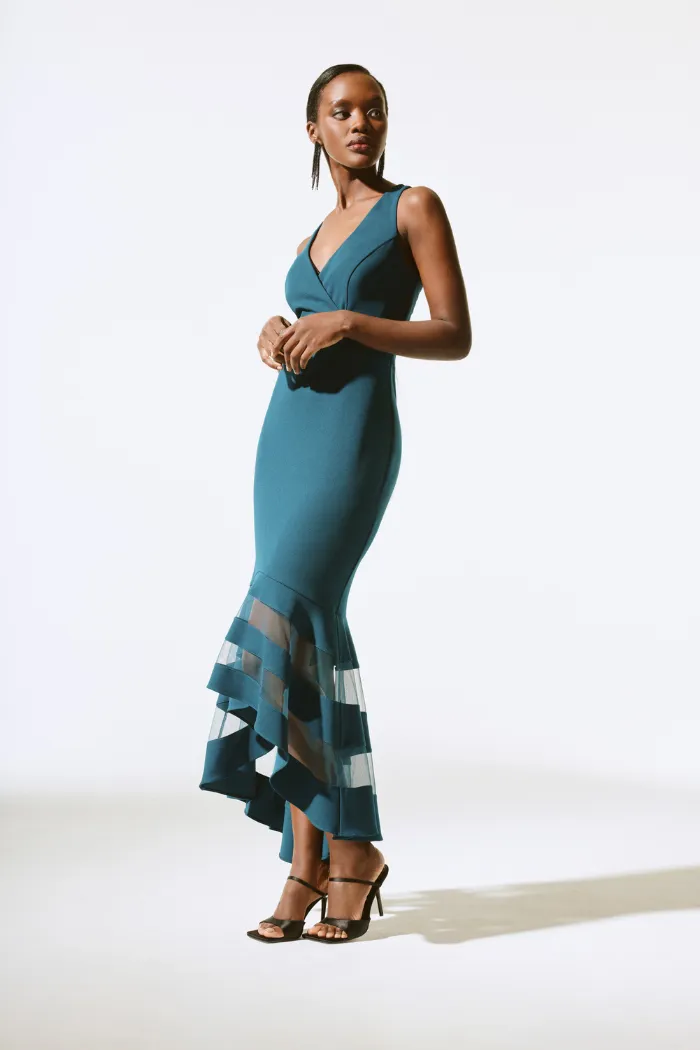 Scuba Crepe And Mesh Trumpet Gown