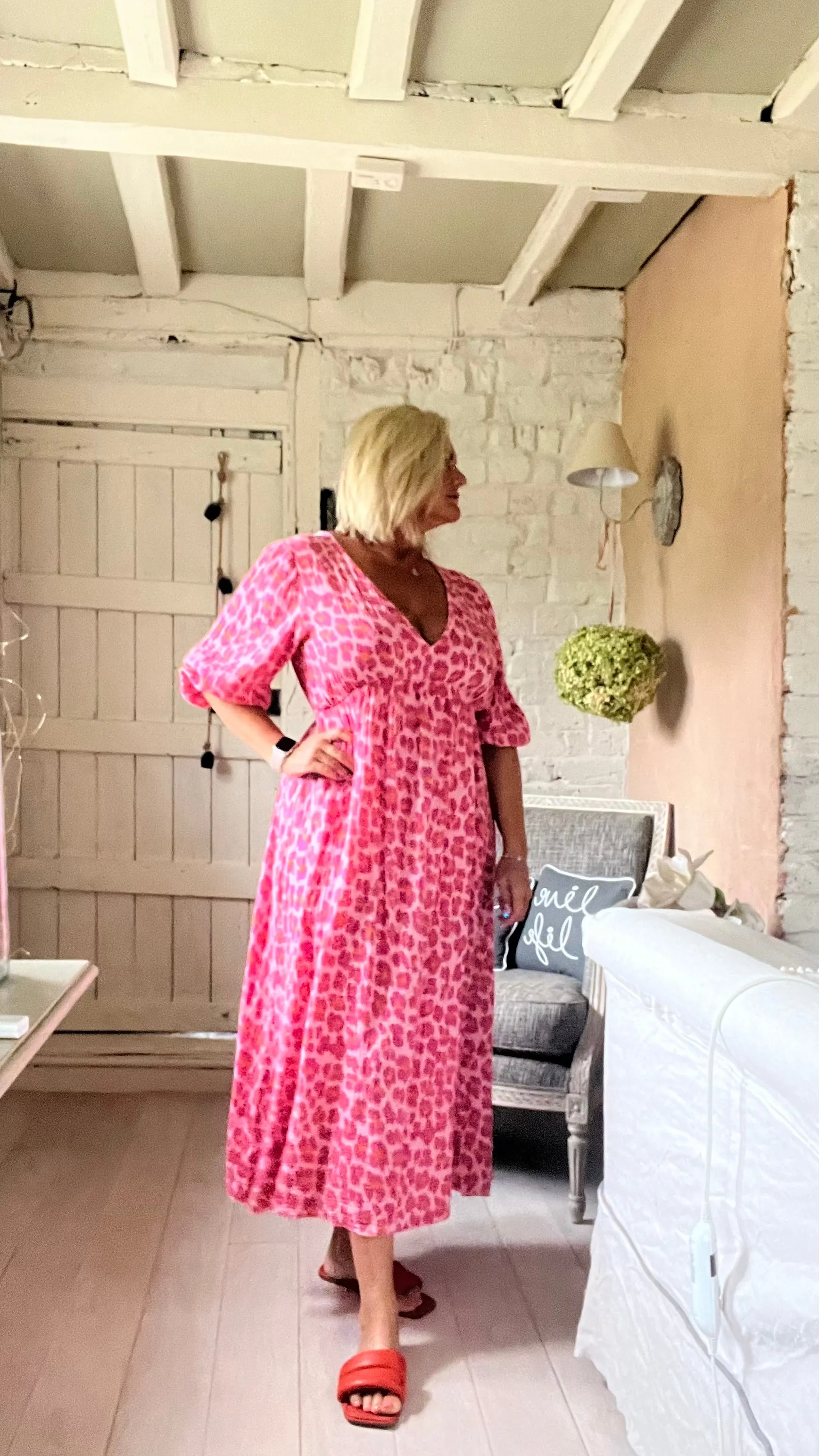 Sicily long sleeved v neck cheesecloth maxi sundress in pink leopard print