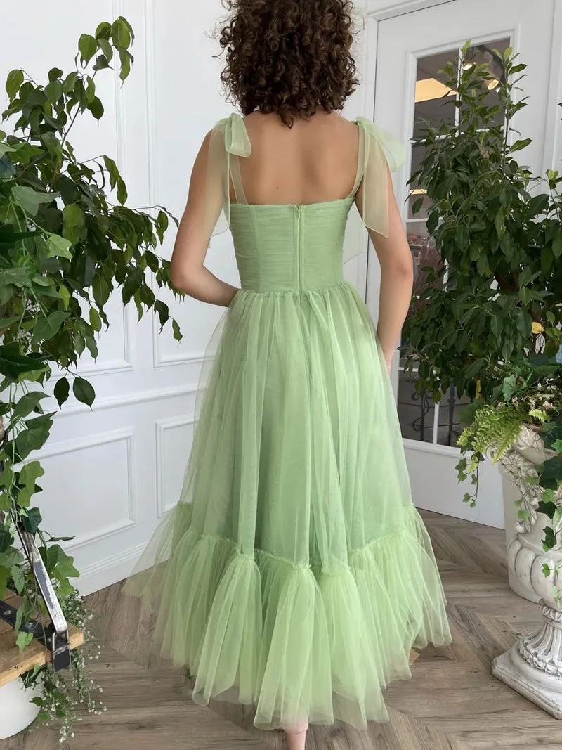 Simple Green Tulle Tea Length Prom Dress, Green Evening Dress   fg2656