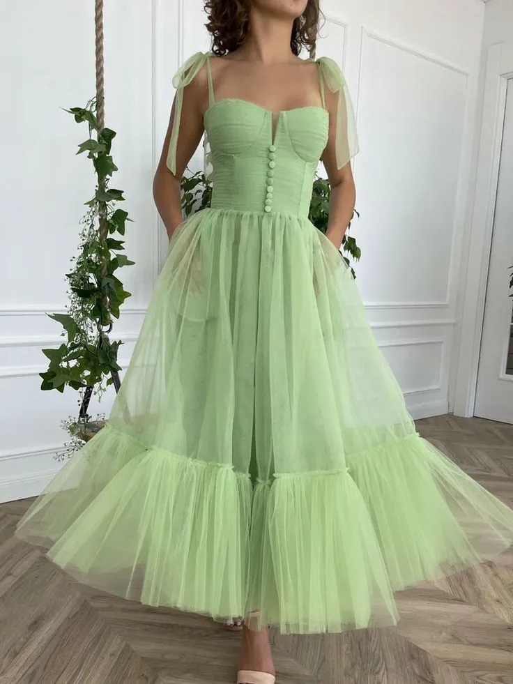 Simple Green Tulle Tea Length Prom Dress, Green Evening Dress   fg2656