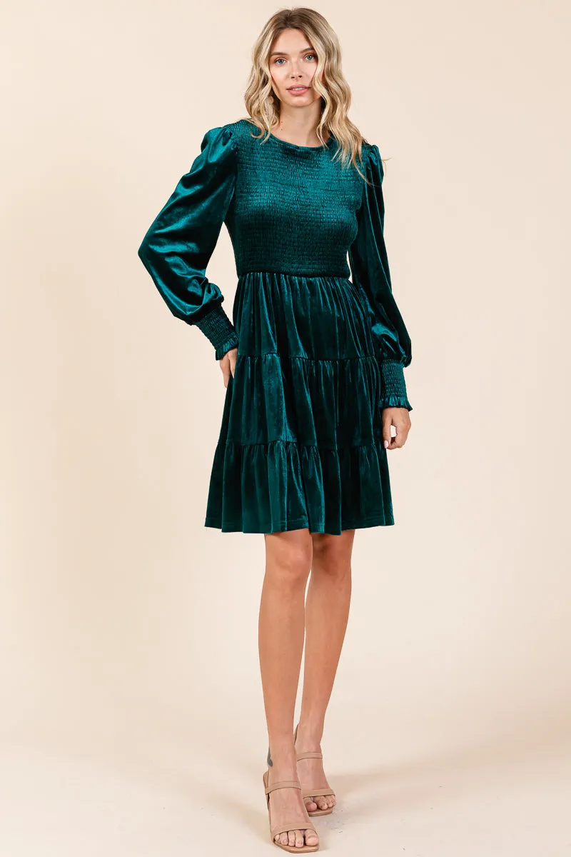 Smocked Long Sleeve Ruffle Hem Tiered Velvet Dress