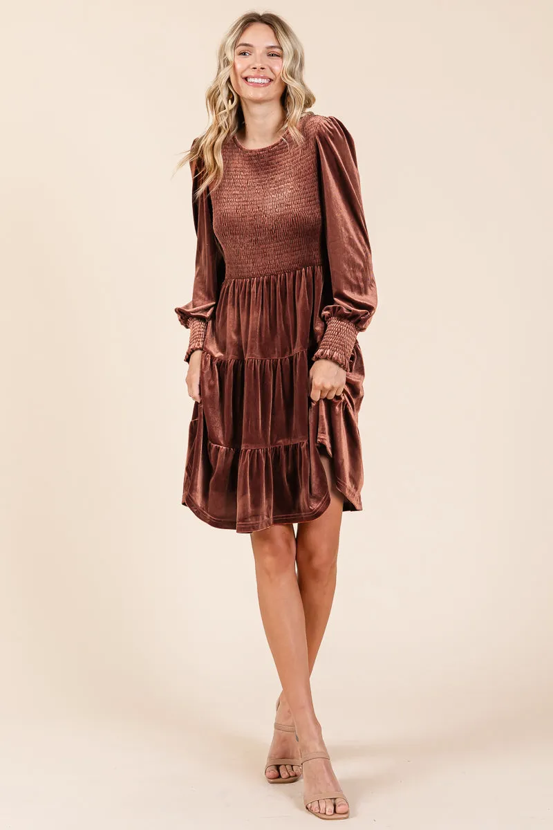 Smocked Long Sleeve Ruffle Hem Tiered Velvet Dress