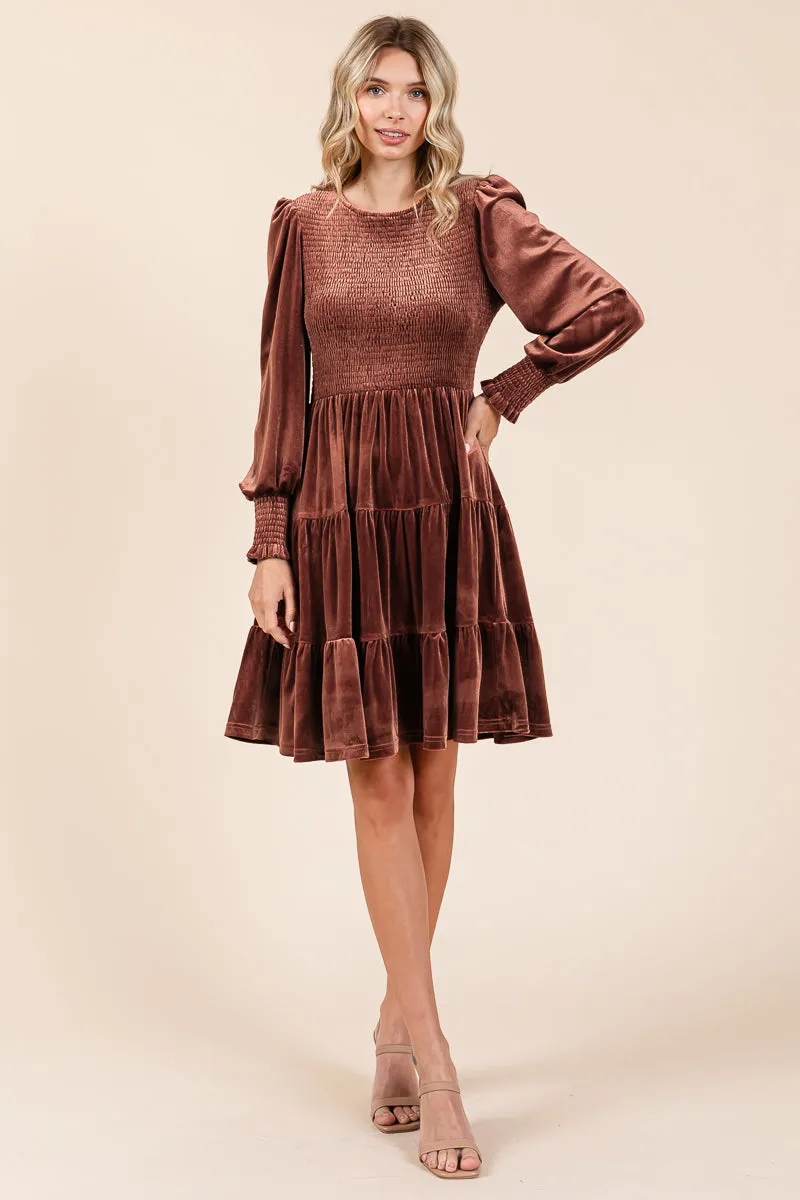 Smocked Long Sleeve Ruffle Hem Tiered Velvet Dress